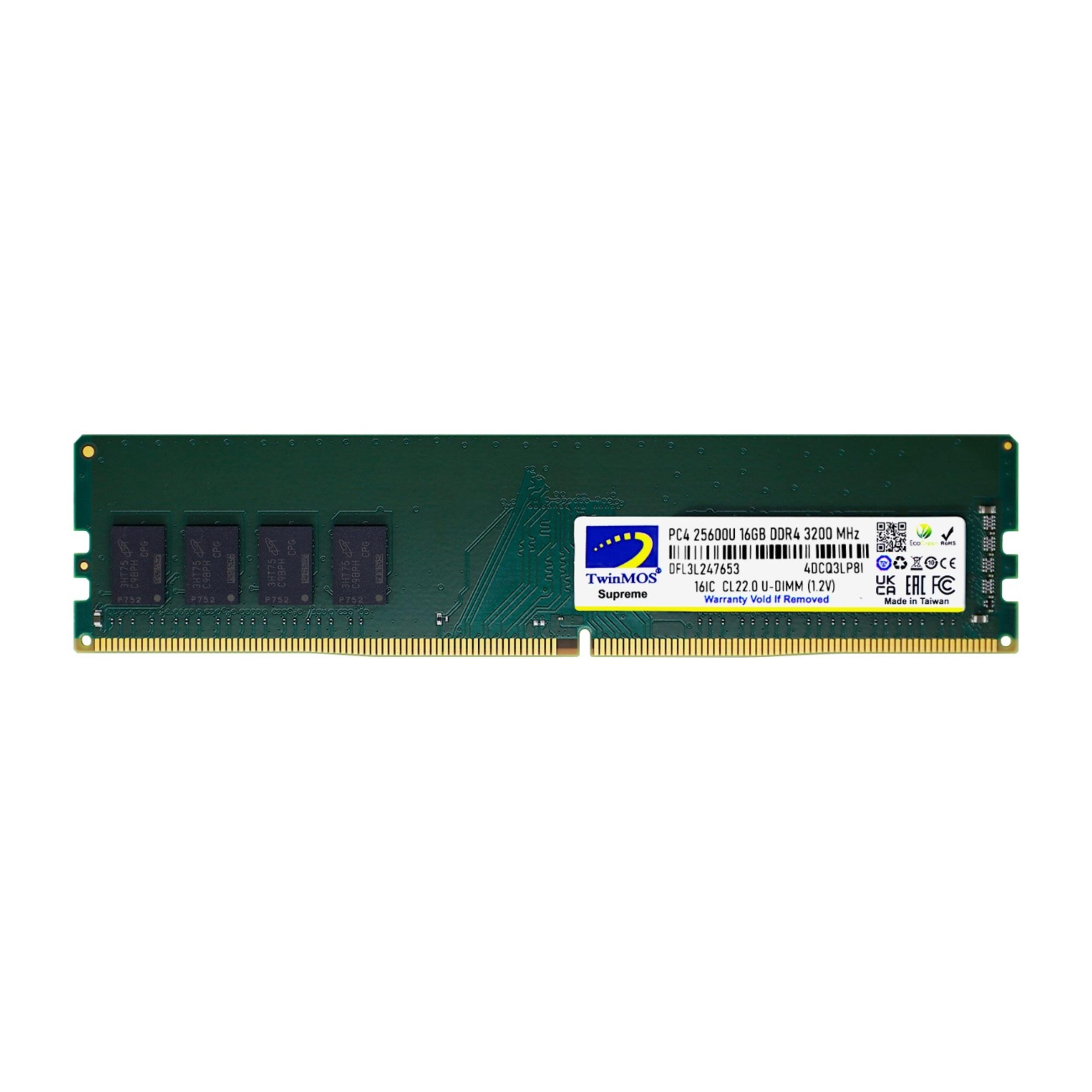Altın konektör kenarlı ve etiketli yeşil DDR4 RAM modülü.