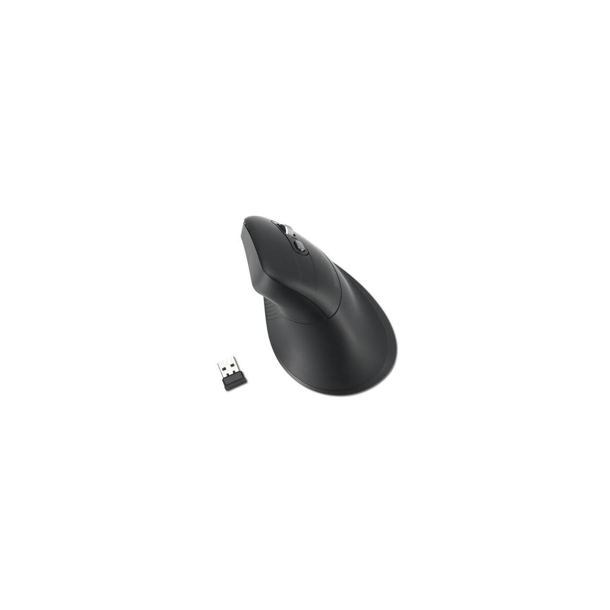Un mouse verticale nero con un ricevitore USB su sfondo bianco.