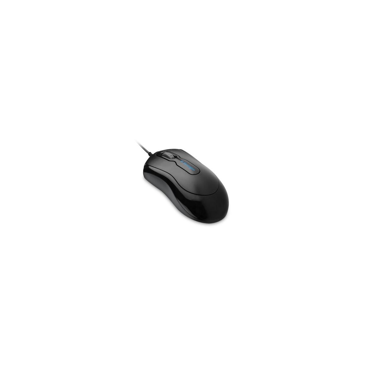 Black computer mouse with a cable on a white background.