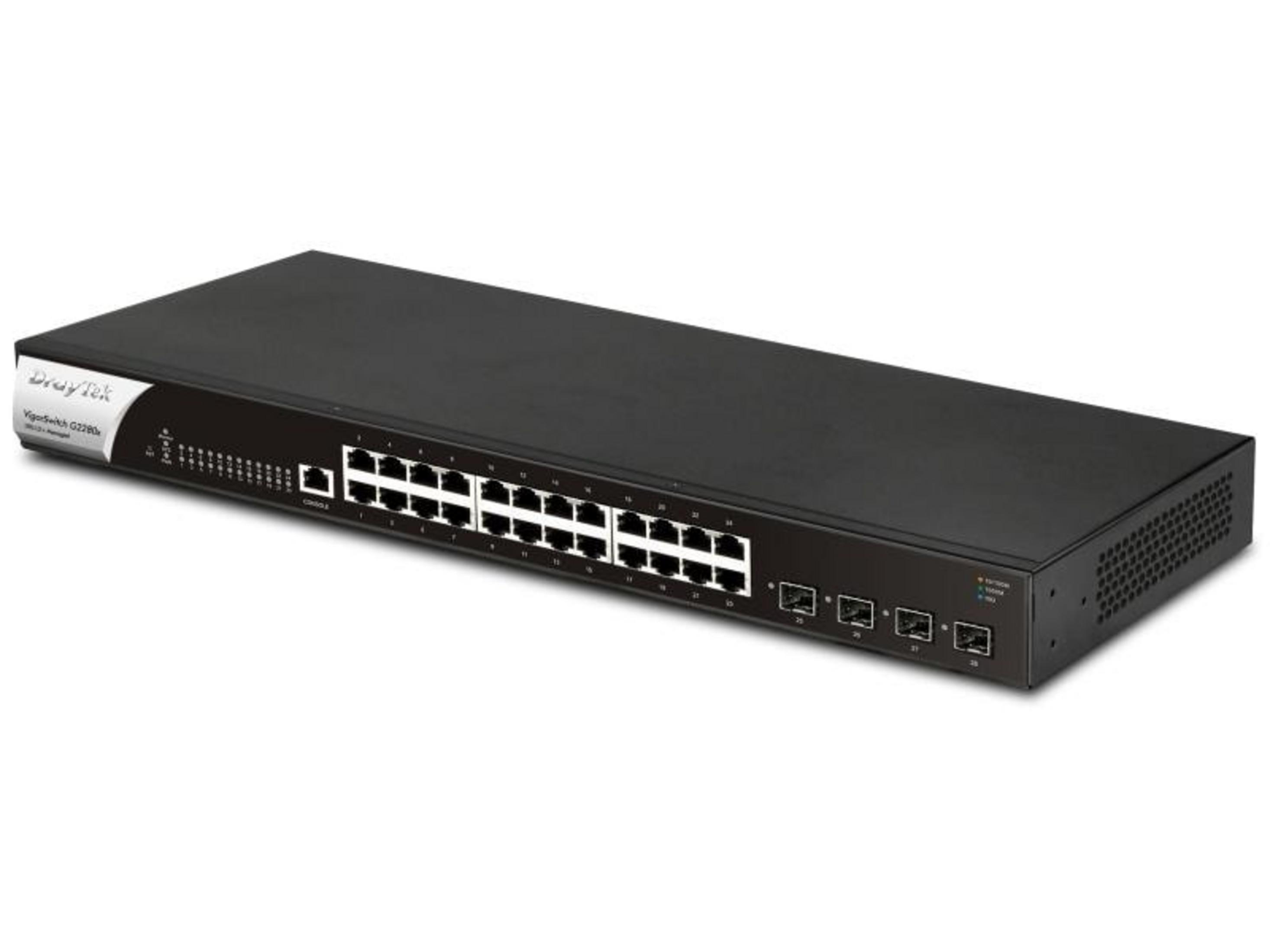 Un DrayTek VigorSwitch nero con 24 porte ed etichette.