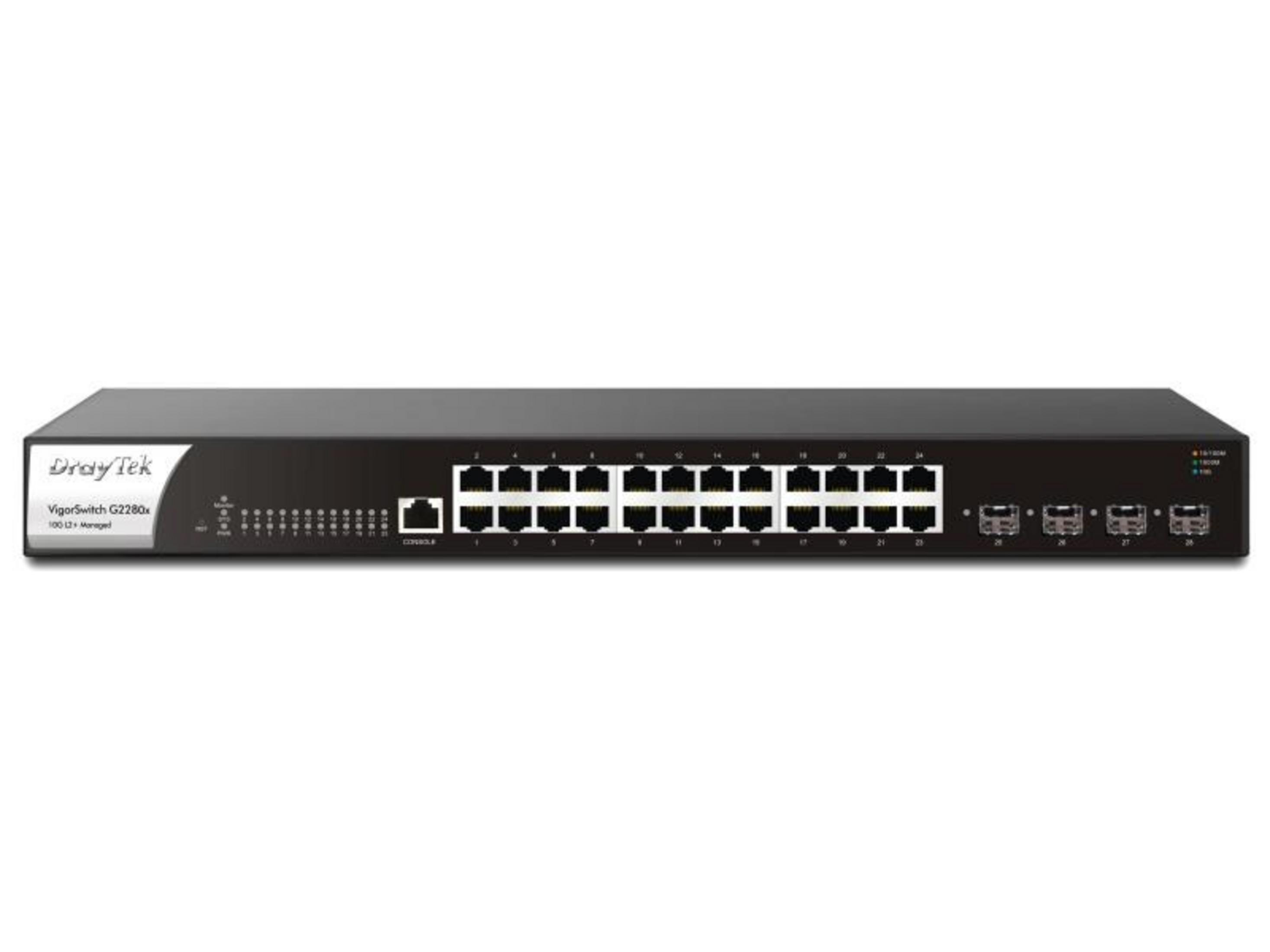 Uno switch di rete DrayTek VigorSwitch G2280x nero con 24 porte Ethernet e 4 porte SFP.
