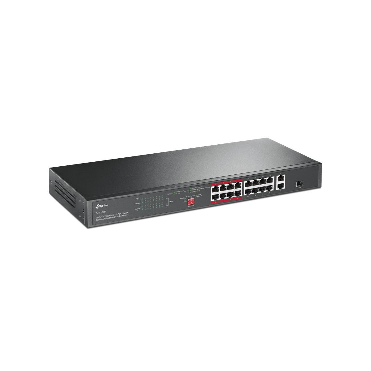 Zwarte TP-Link netwerkswitch met 16 PoE-poorten en 2 Gigabit-poorten.