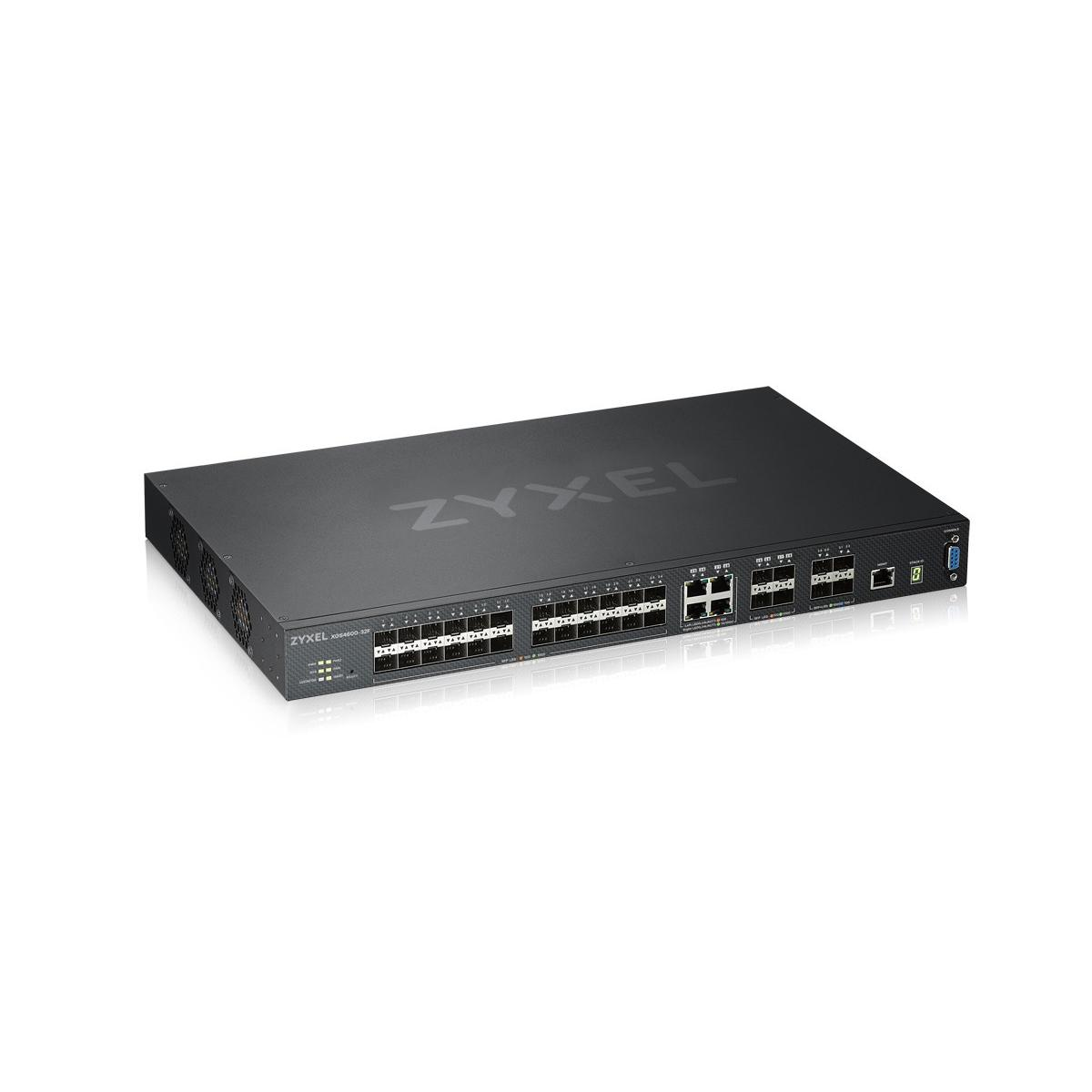 Uno switch di rete Zyxel nero con più porte e spie su sfondo bianco.
