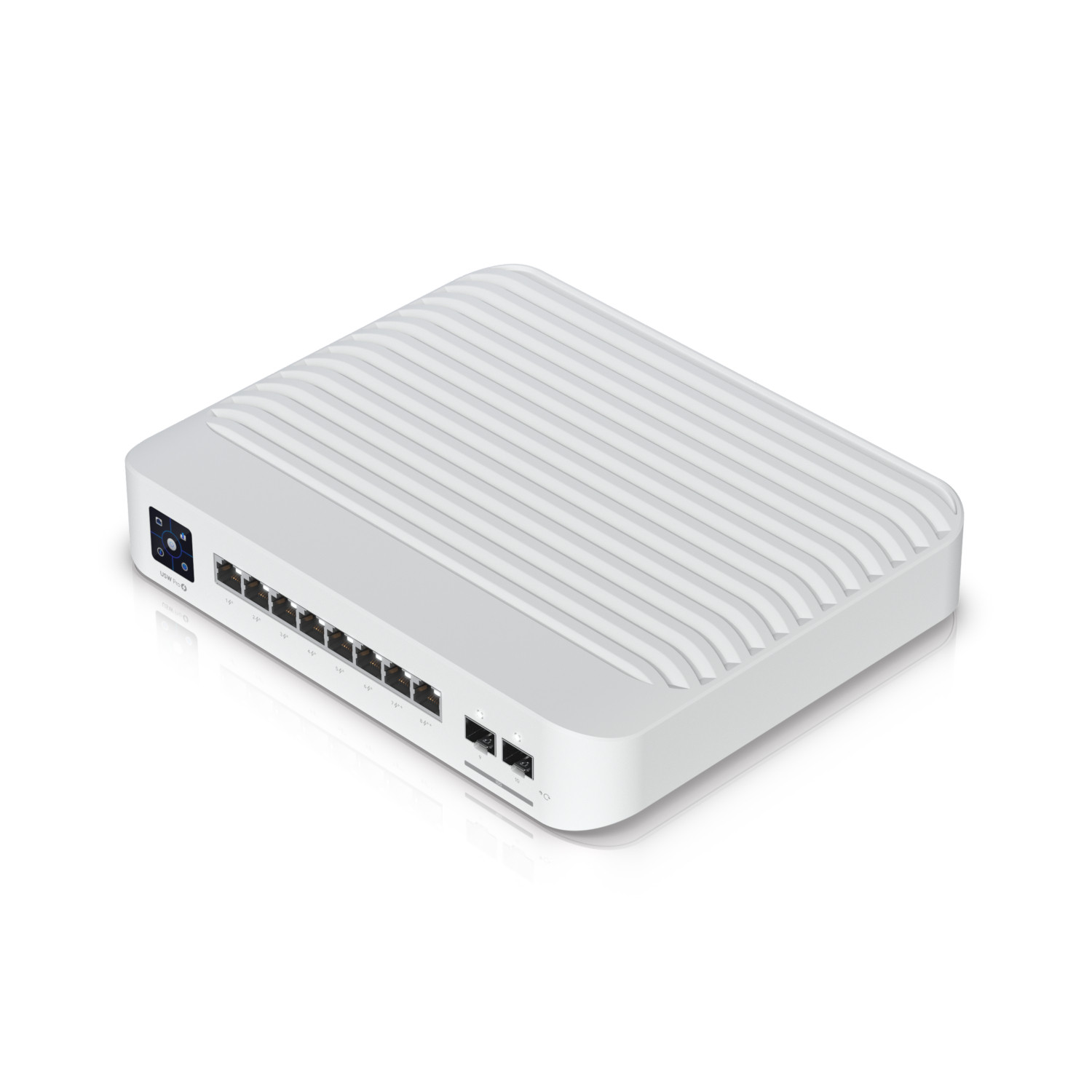 Een wit netwerkapparaat met een geribbelde bovenkant en meerdere Ethernet-poorten.