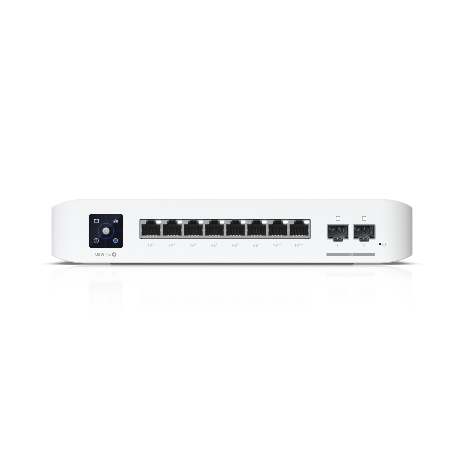 Witte netwerkswitch met 8 Ethernet-poorten, 2 SFP+-poorten en een display.