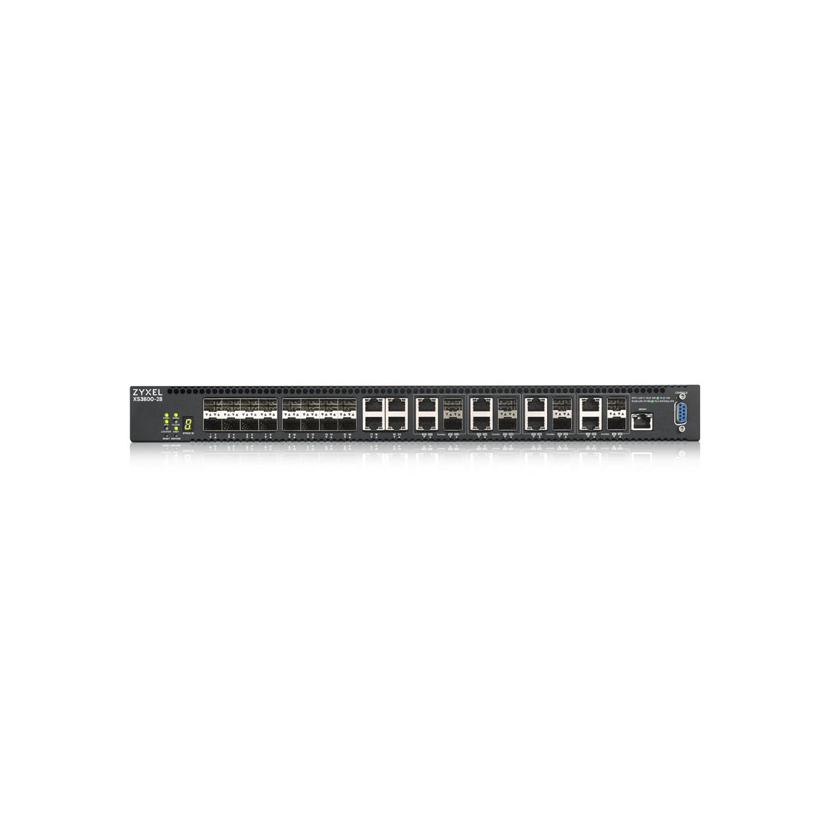 Een zwarte netwerkswitch met veel poorten en LED's.