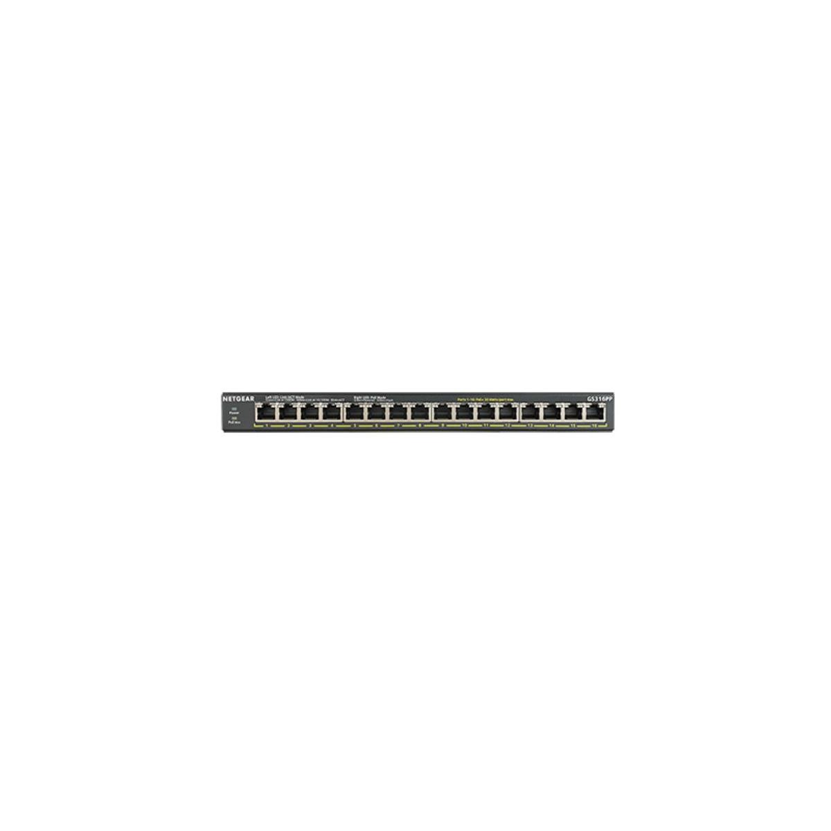 Ein schwarzer Netgear GS316PP Netzwerk-Switch mit 16 Ports auf weißem Hintergrund.