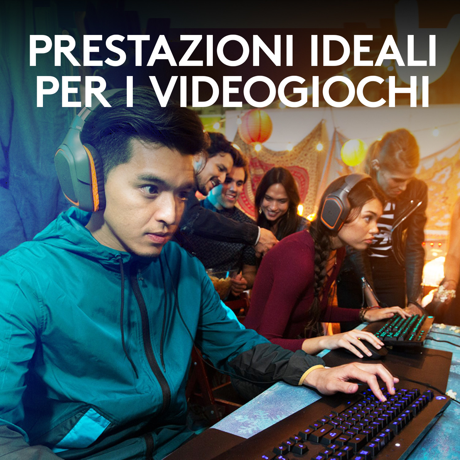 Jóvenes con auriculares juegan videojuegos en una sala vibrante.