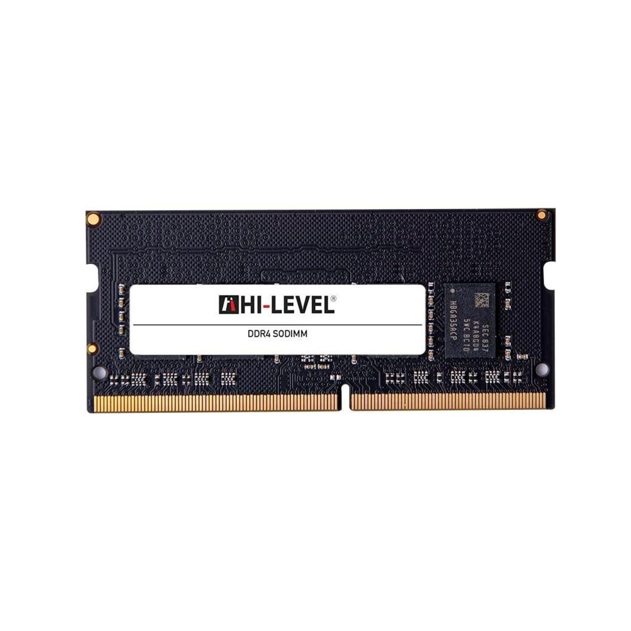 Altın kontaklı ve HI-LEVEL logolu siyah DDR4 SODIMM RAM modülü.
