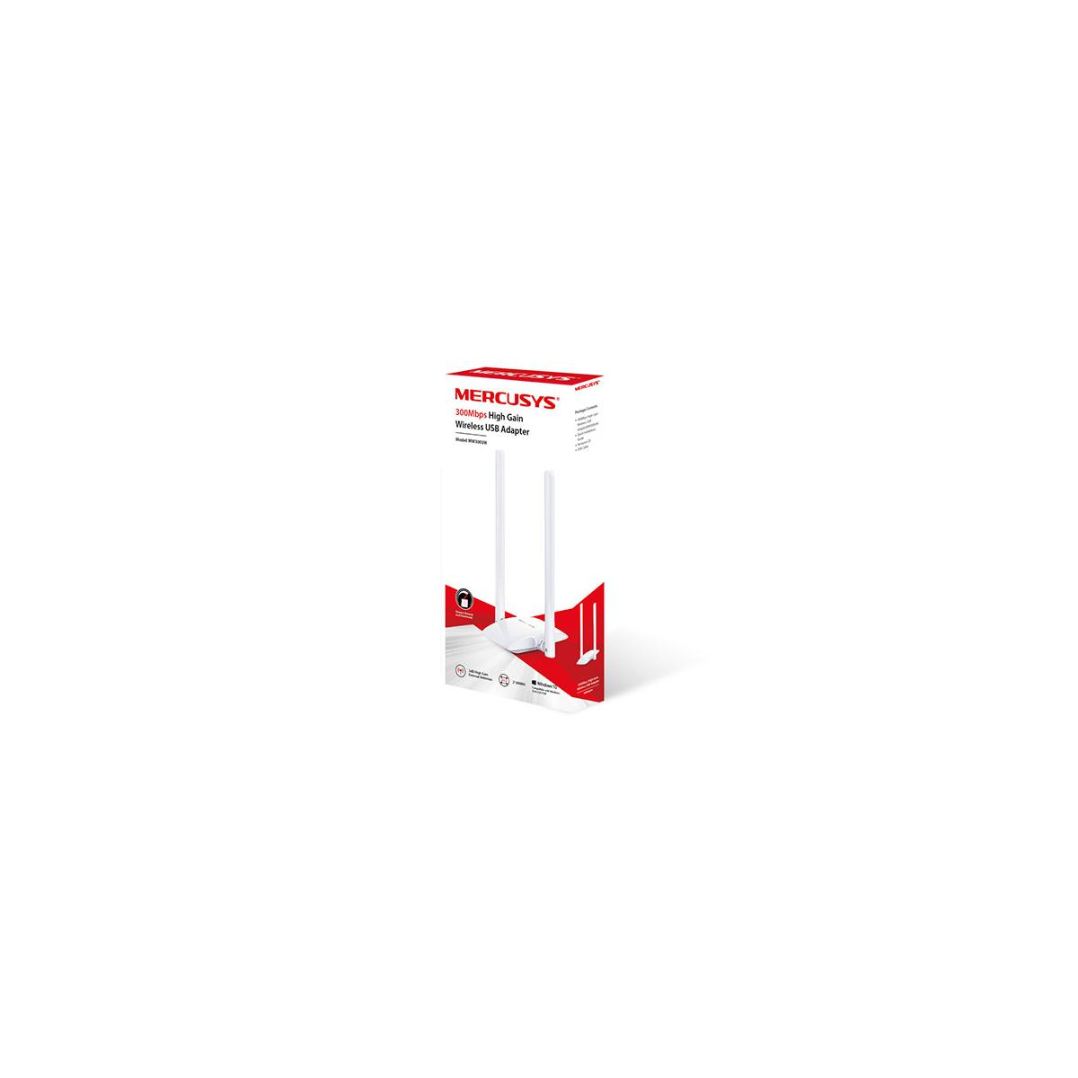 İki antenli MERCUSYS 300Mbps Yüksek Kazançlı Kablosuz USB Adaptör kutusu.
