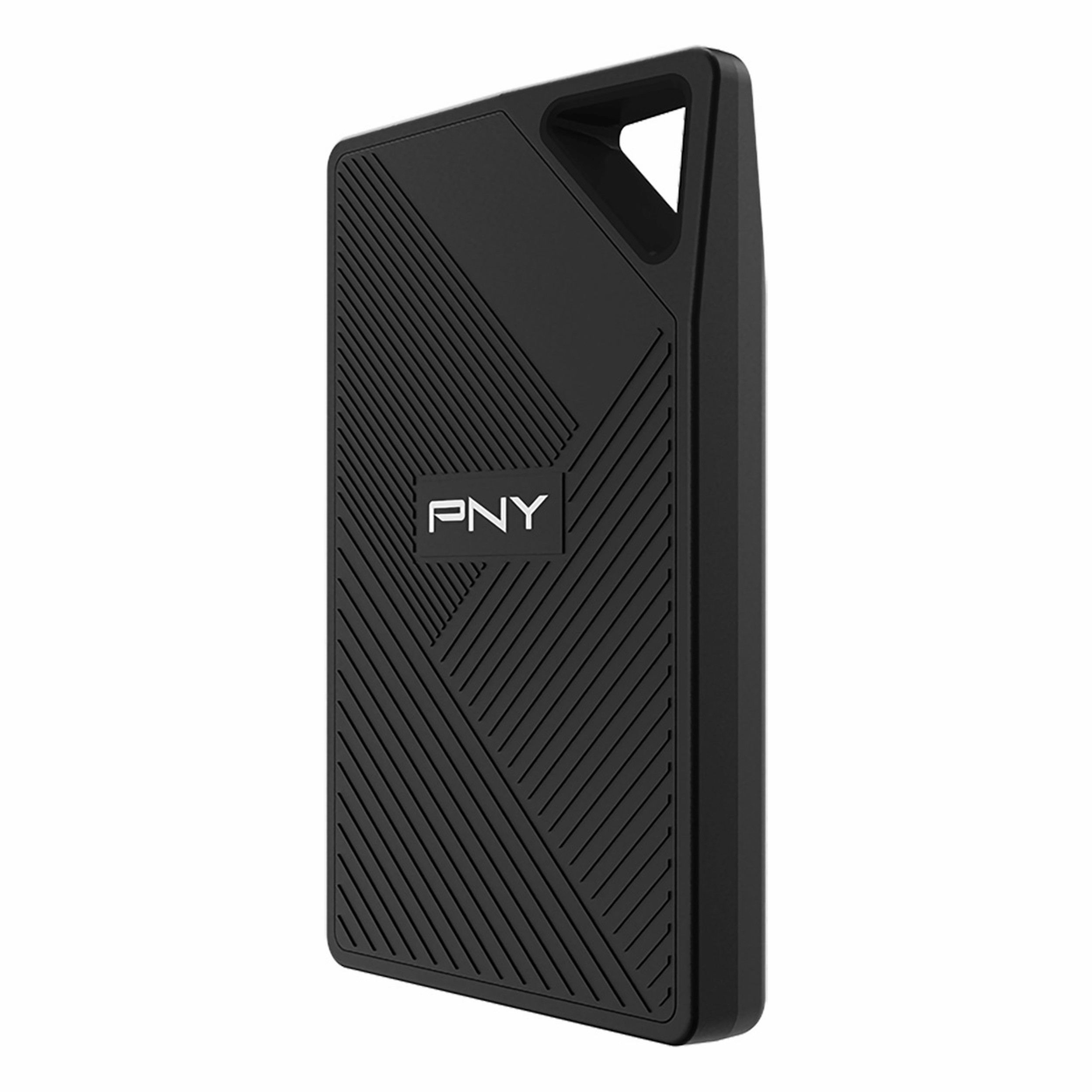 Custodia SSD esterna PNY nera con motivo scanalato e anello.
