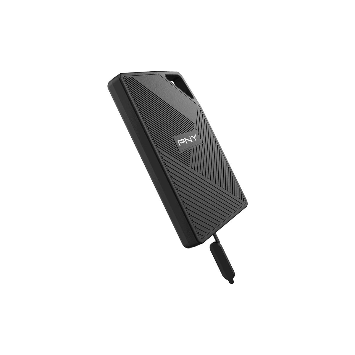 Black PNY power bank with a ribbed pattern and a detachable cable.
