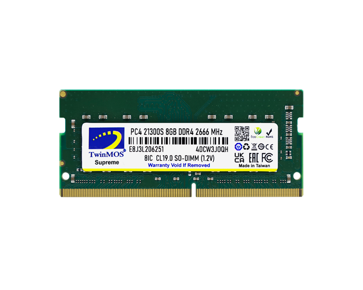 Yeşil bir TwinMOS Supreme 8GB DDR4 2666MHz SO-DIMM RAM modülü.