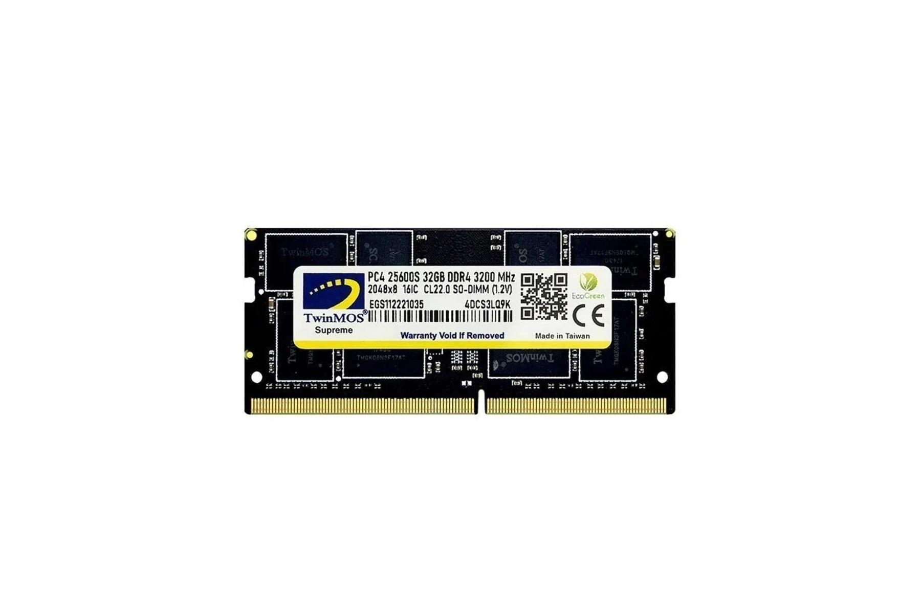 Sarı etiketli siyah SO-DIMM RAM modülü: PC4 25600S, 32GB DDR4, 3200 MHz.