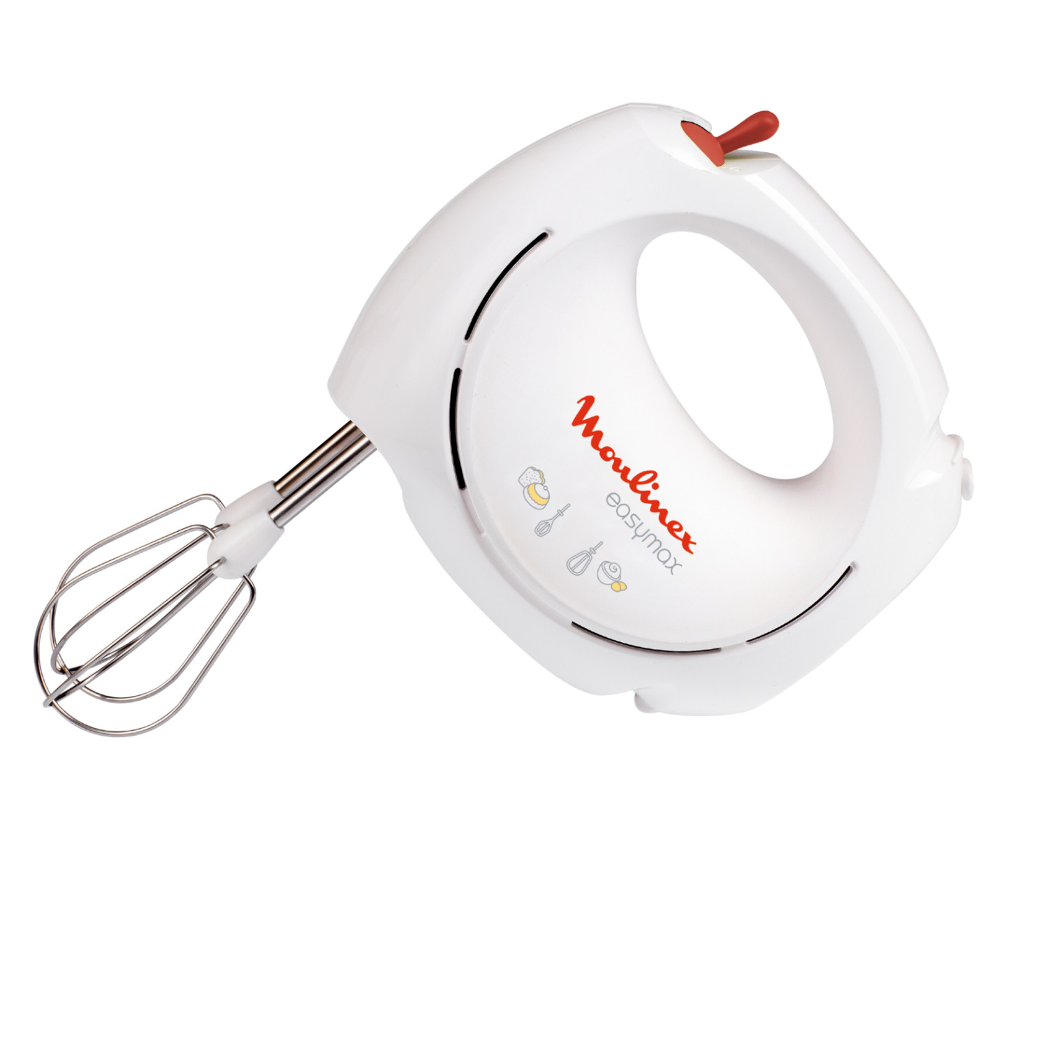 Un frullatore a mano bianco con accenti rossi e due fruste metalliche.