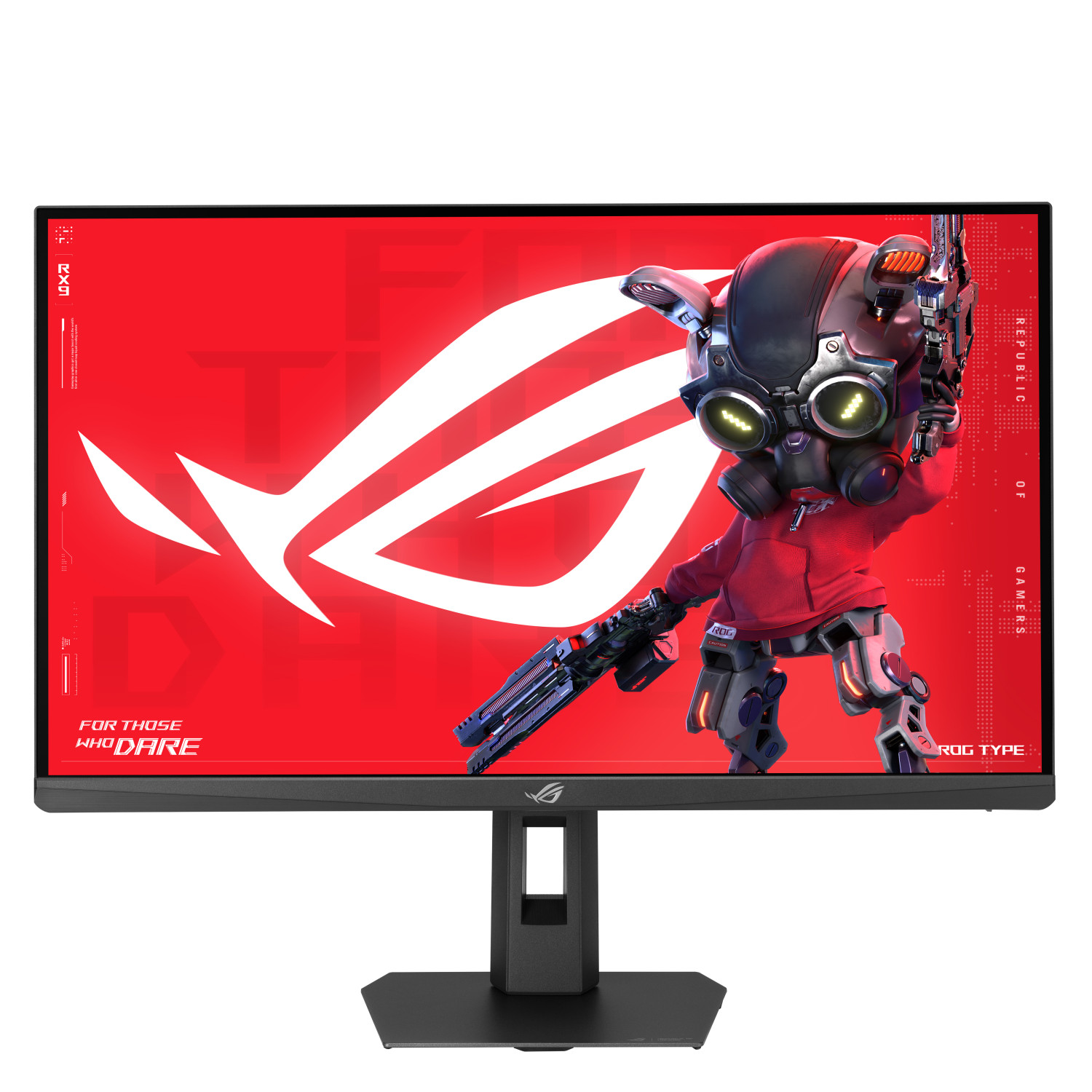 Kırmızı kapüşonlu stilize edilmiş bir robot karakteri, kırmızı arka plan üzerinde monitörde.