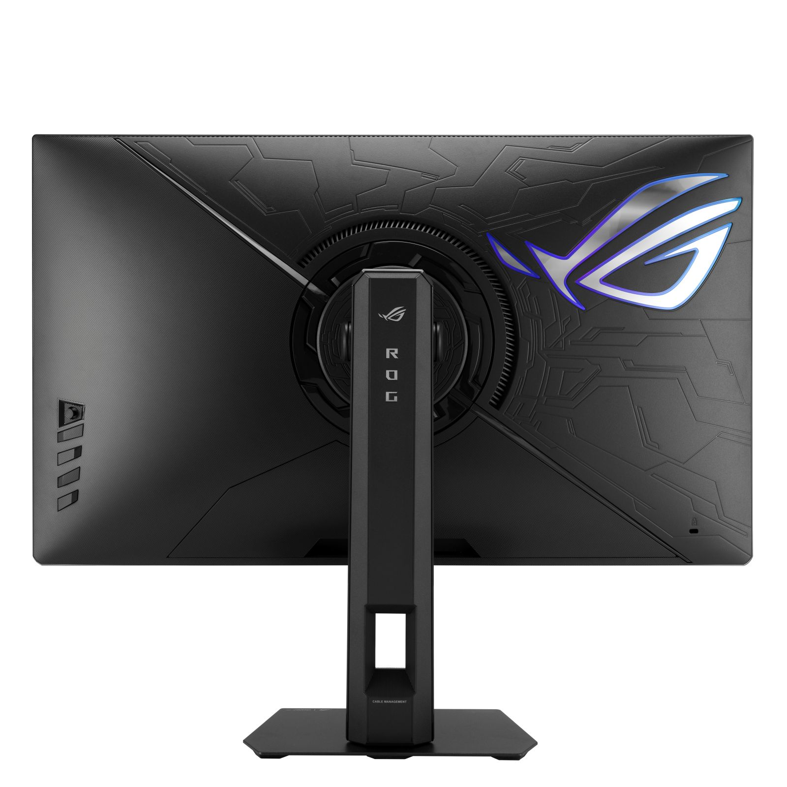 ROG logolu siyah monitörün arkası ve standı.