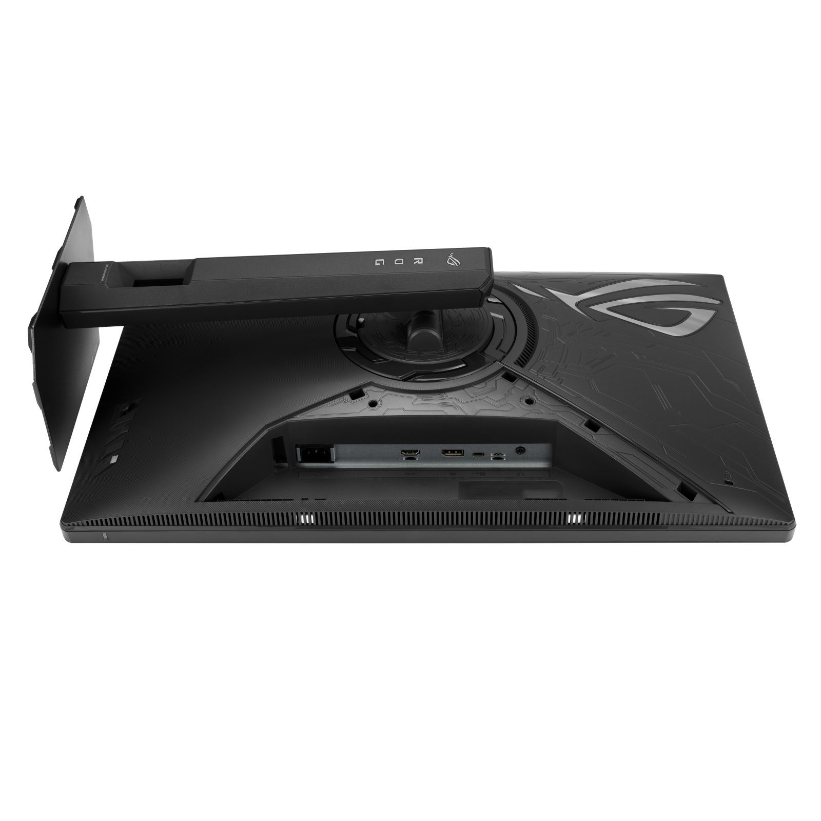 Bağlantı noktaları ve ROG logosu bulunan siyah monitörün arkası.