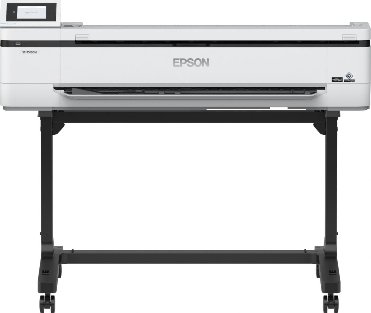 Ein weißer Epson Drucker SC-T5100M steht auf einem schwarzen Rollständer.