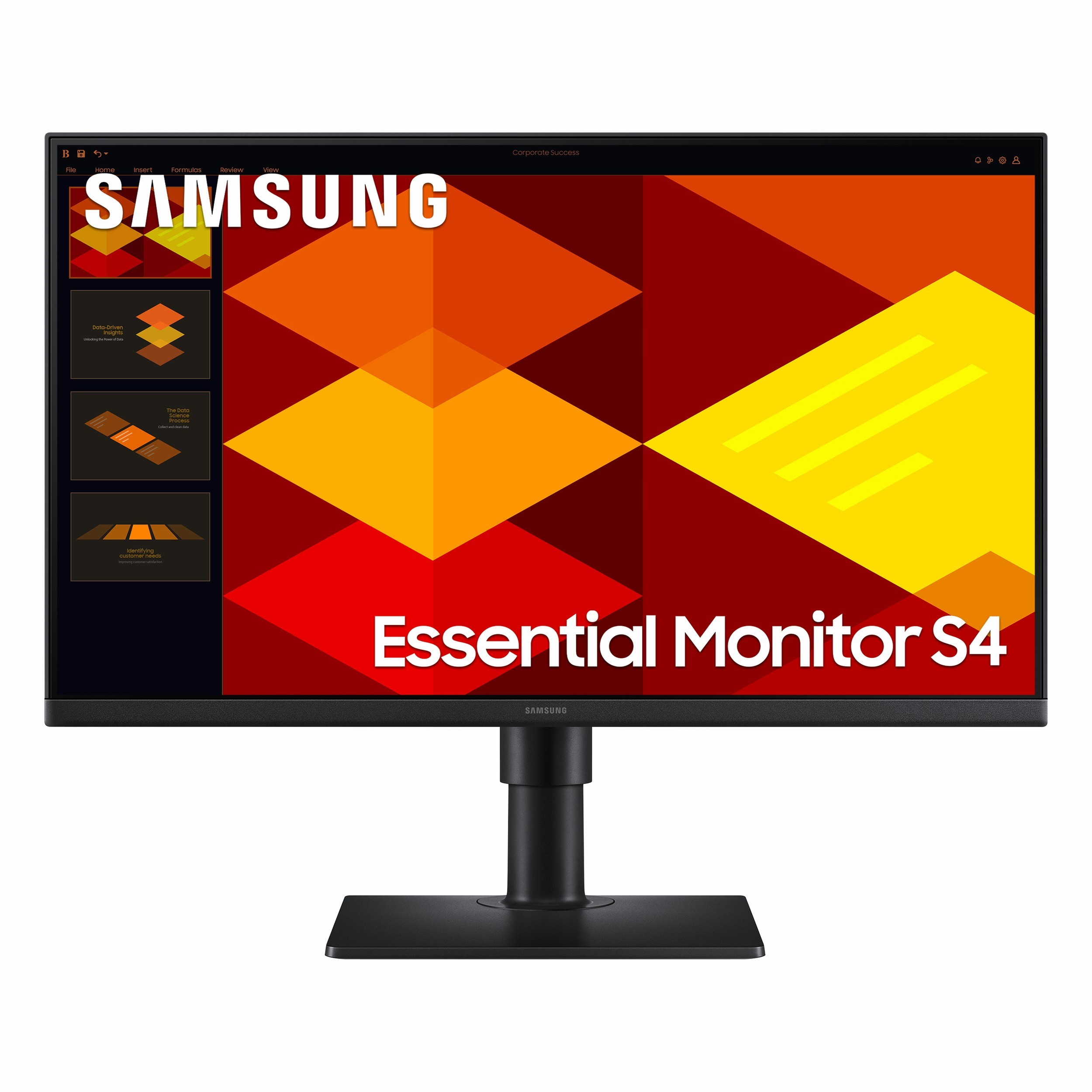 Bir Samsung monitör, kırmızı ve turuncu tonlarında geometrik desenli bir sunum gösteriyor.