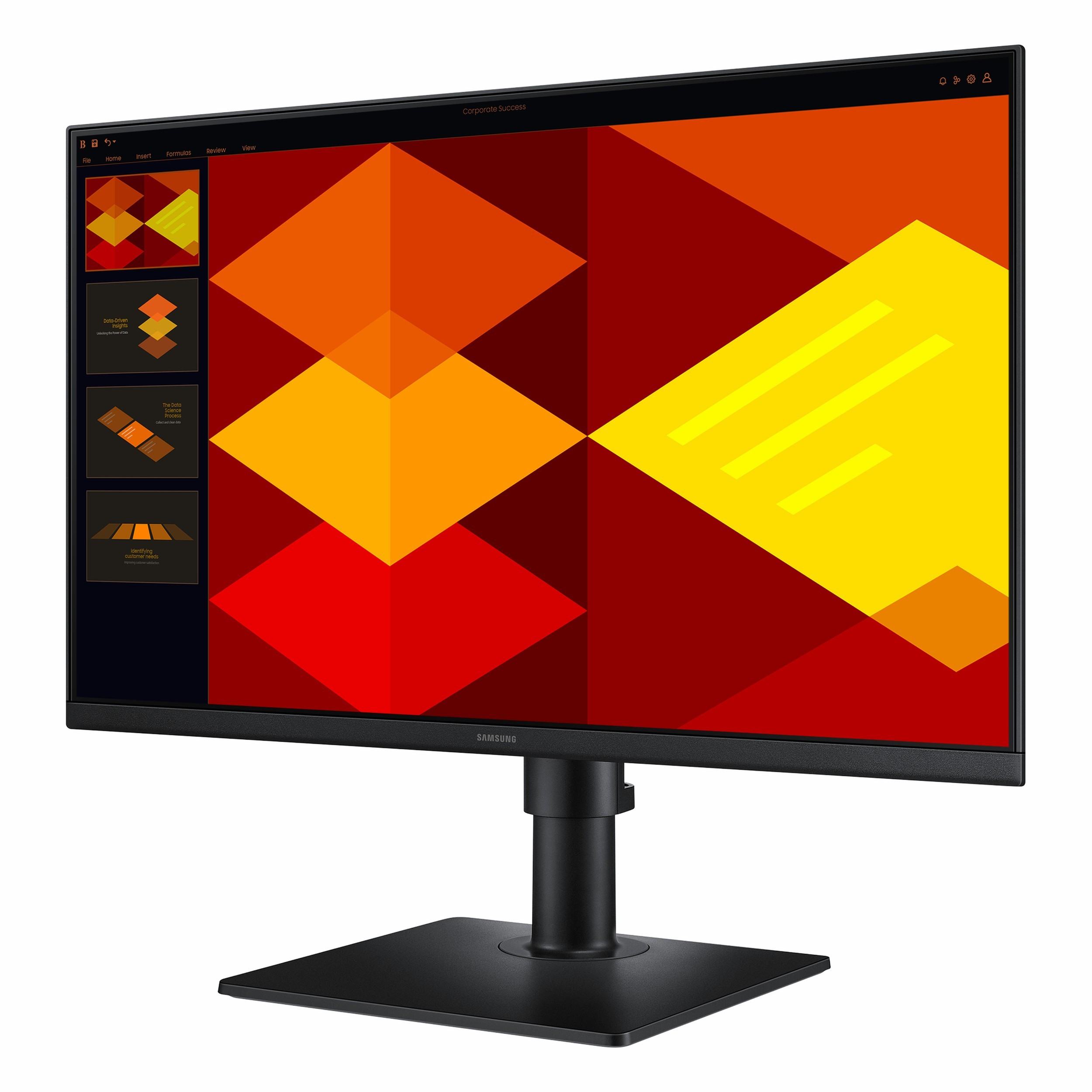 Turuncu, sarı ve kırmızı tonlarda geometrik desenli bir sunum gösteren monitör.