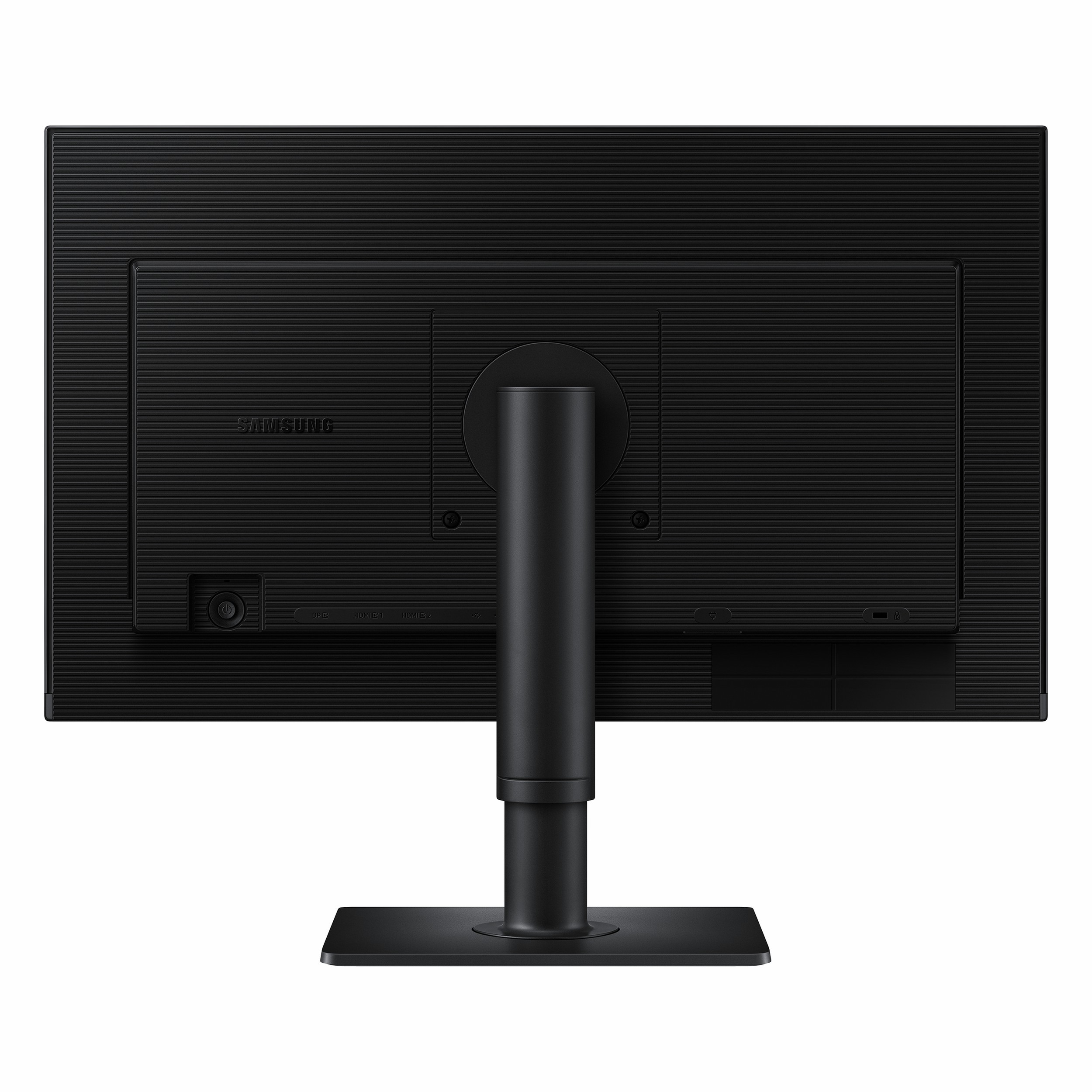 Siyah Samsung monitörün stantlı ve portlu arka görünümü.