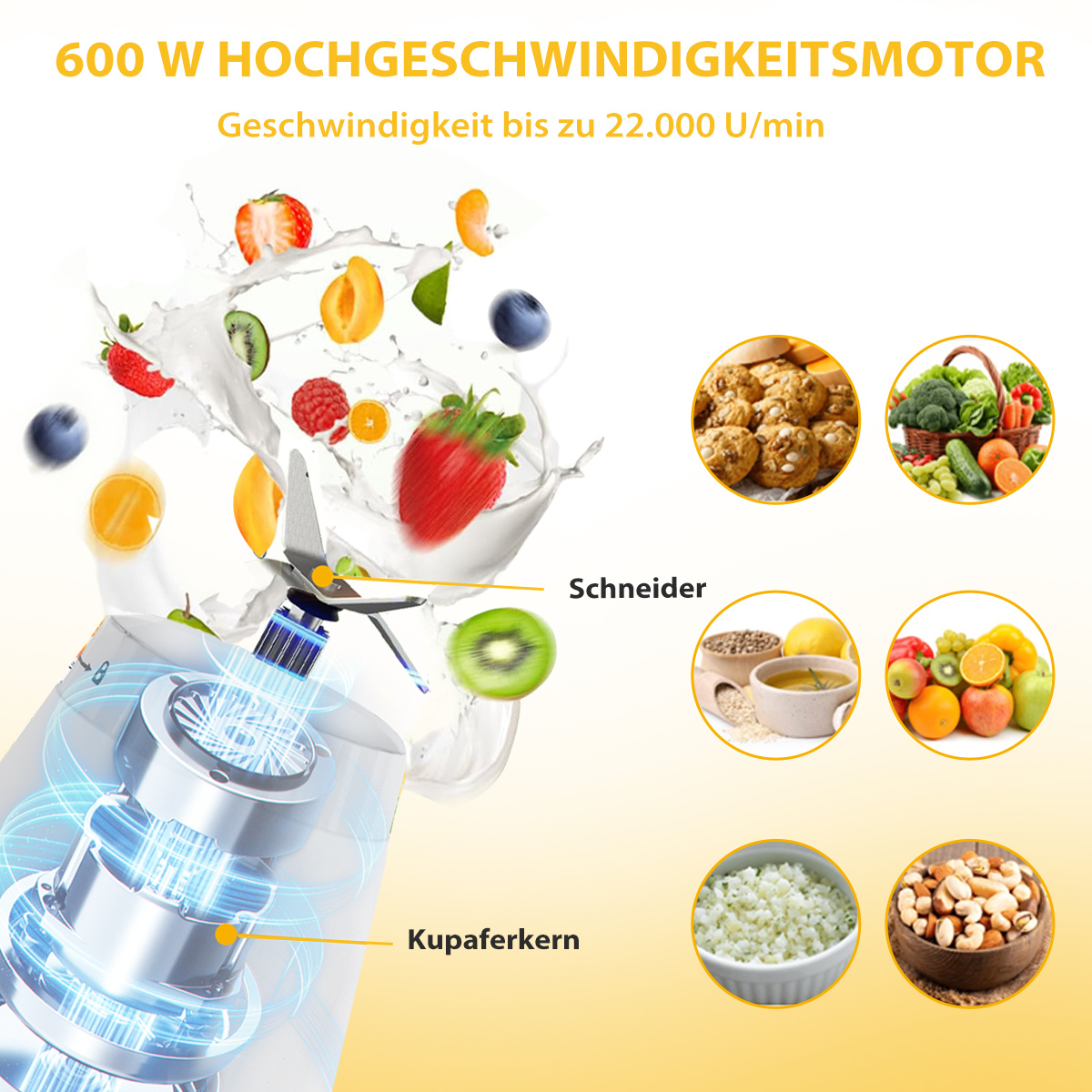 Ein Mixer mit Früchten, Keksen, Gemüse, Suppe und Nüssen.