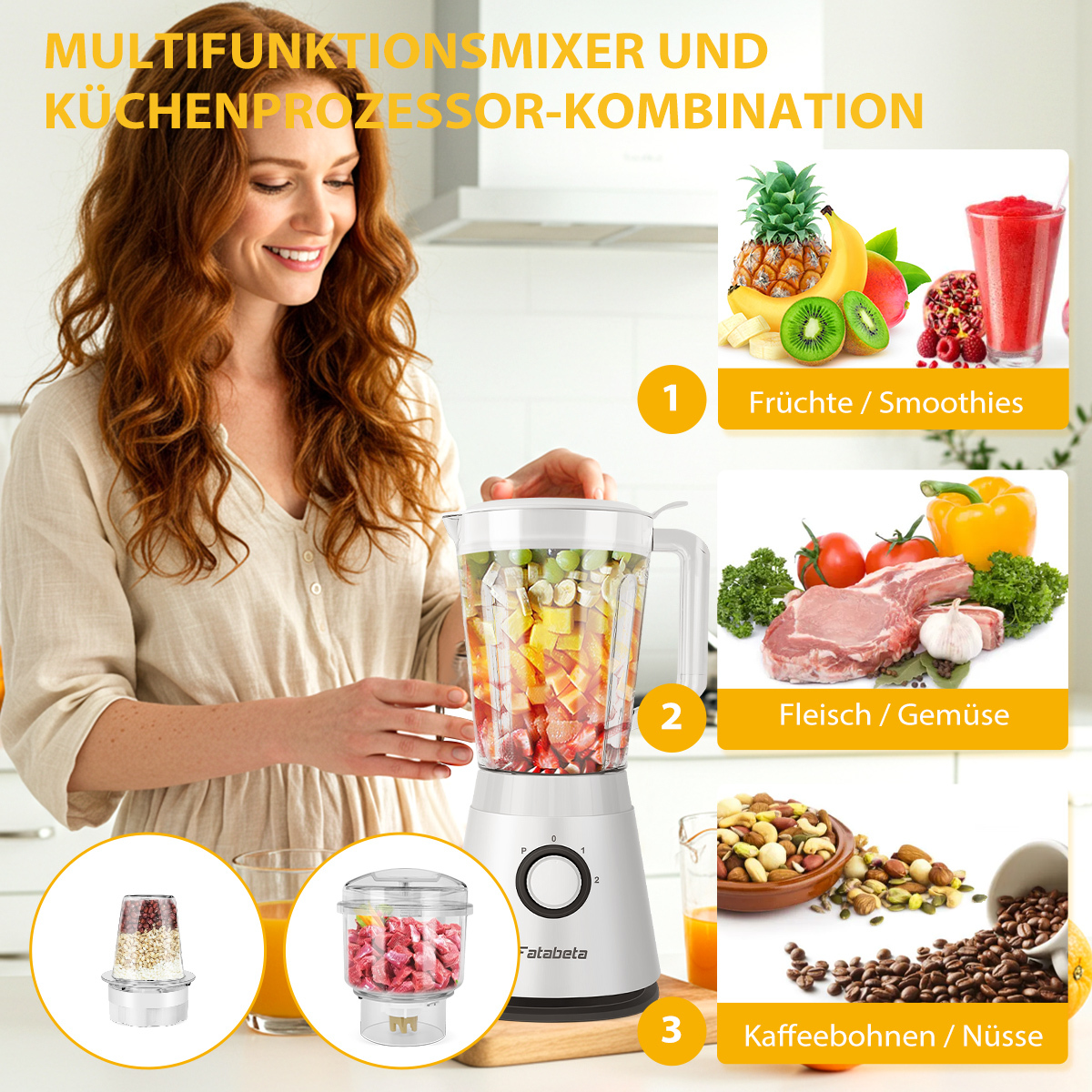 Frau mit Multifunktionsmixer, der Obst, Fleisch und Nüsse verarbeitet.