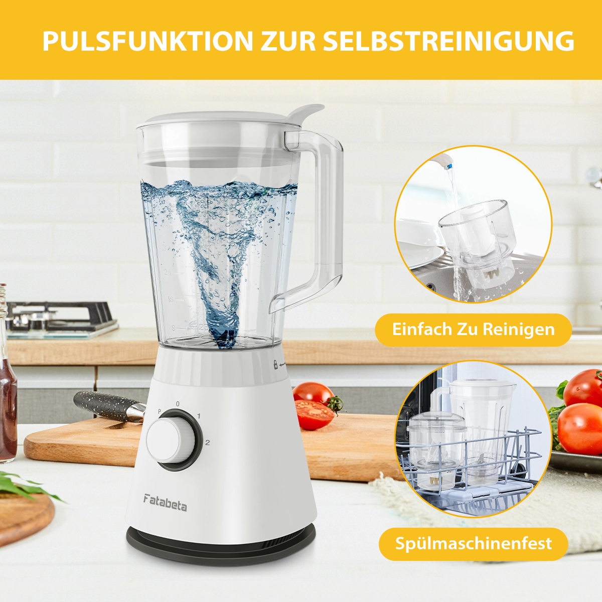 Ein weißer Mixer mit Wasser im Behälter, zwei Kreise zeigen die Reinigung.