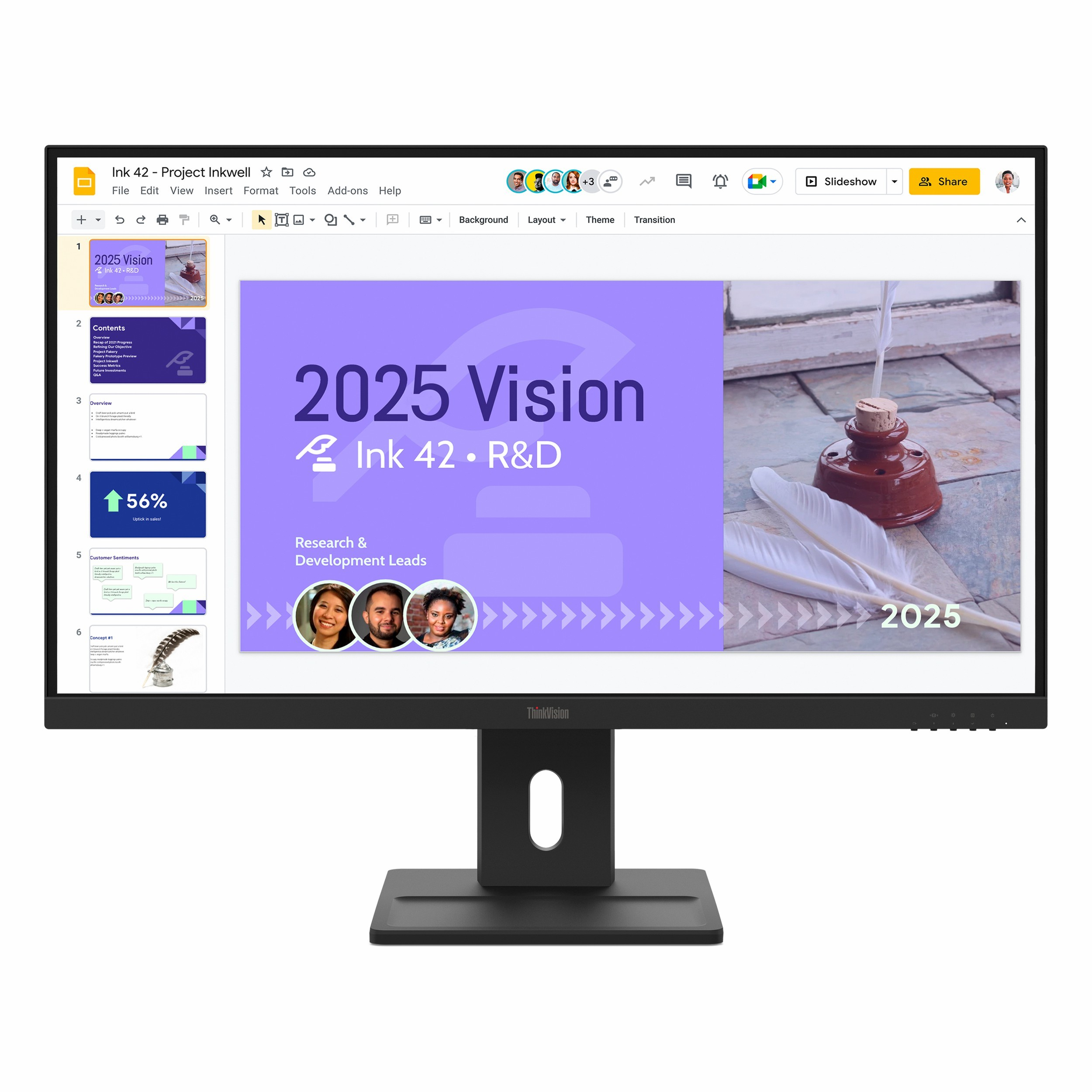 Bir monitör, "2025 Vizyonu" başlıklı bir Google Slaytlar sunumu gösteriyor.