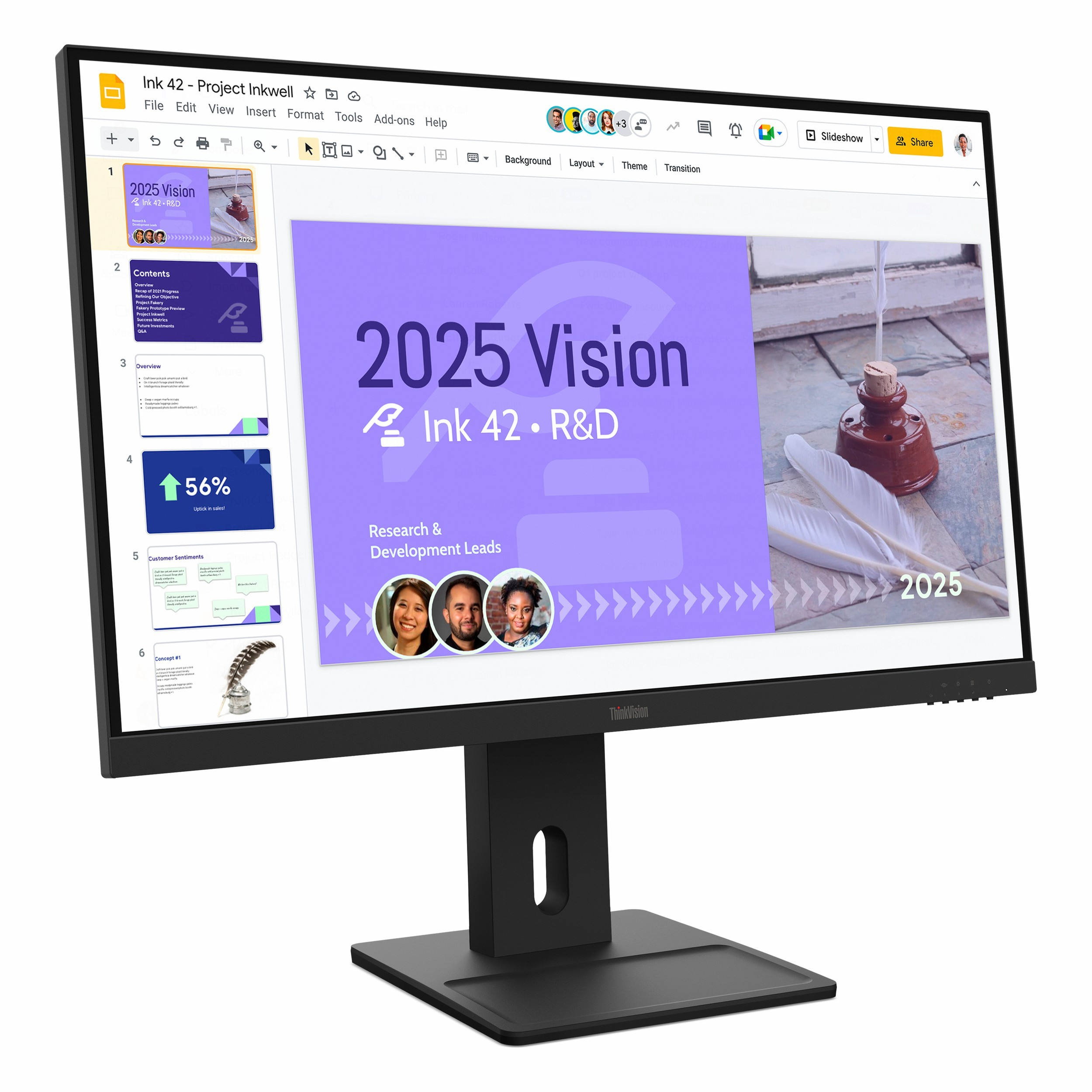 Monitör, "2025 Vizyon Ink 42 • R&D" başlıklı sunumu slaytlarla gösteriyor.