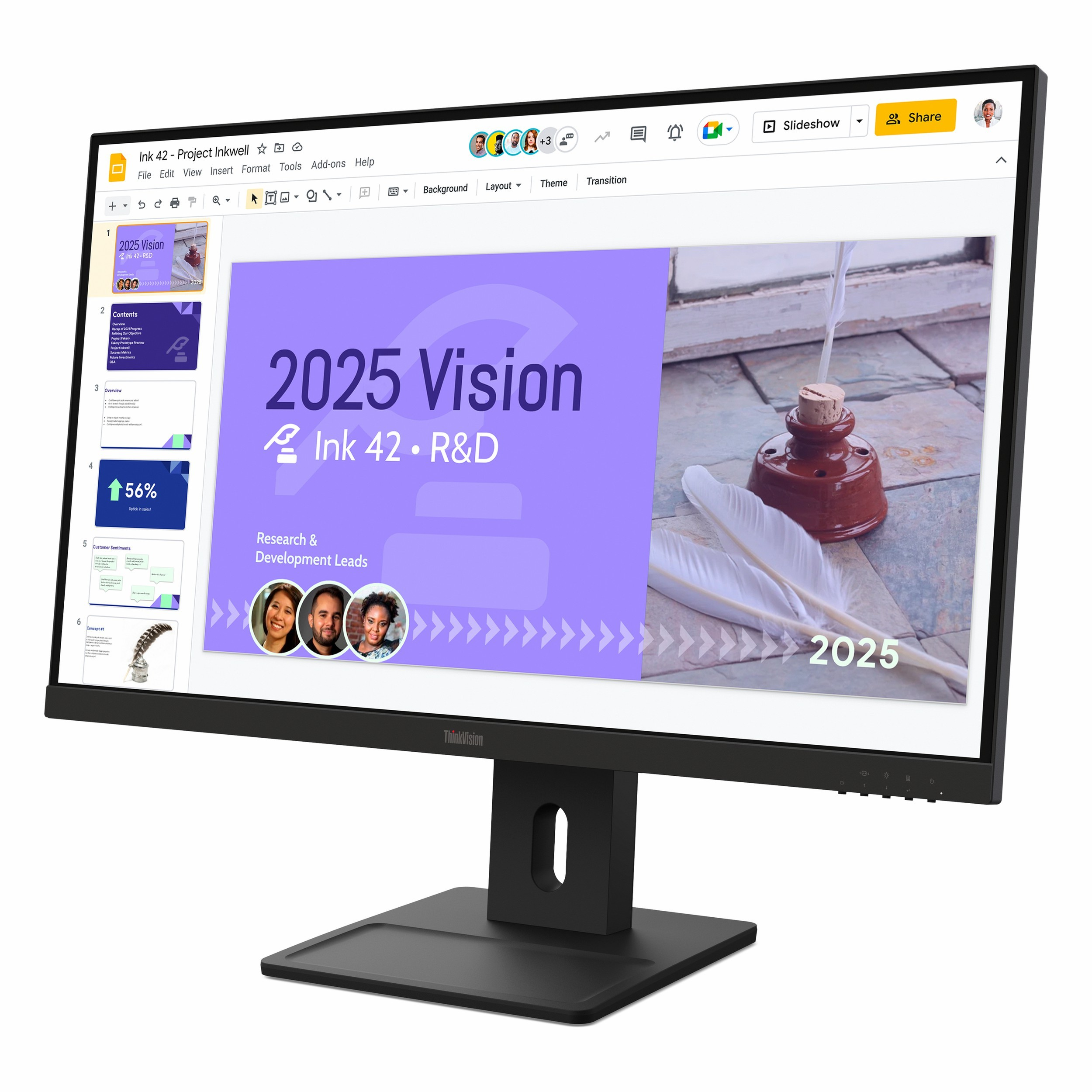 Bir monitör '2025 Vision Ink 42 R&D' başlıklı bir sunum gösteriyor.