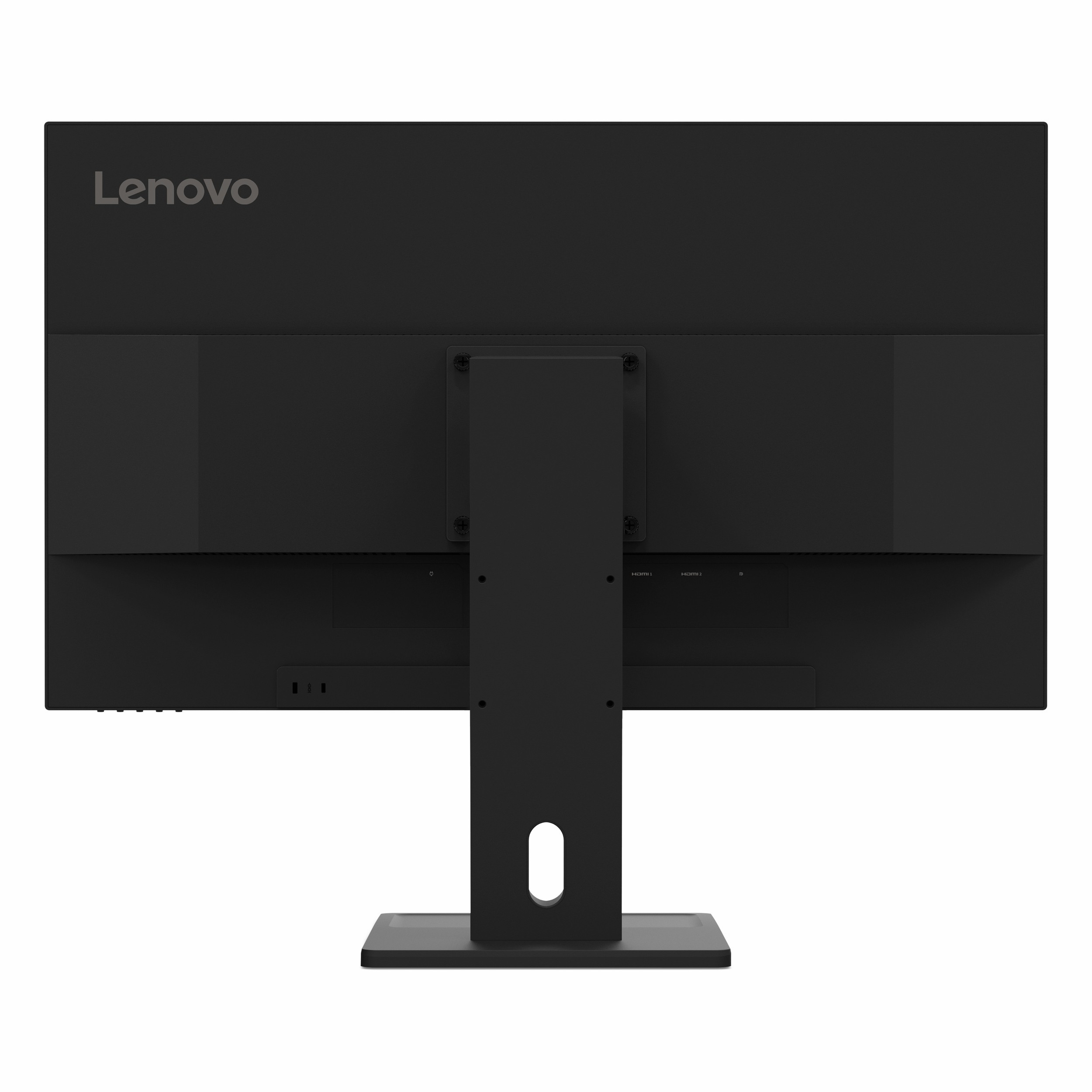 Standlı ve bağlantı noktalarına sahip siyah Lenovo monitörün arka görünümü.