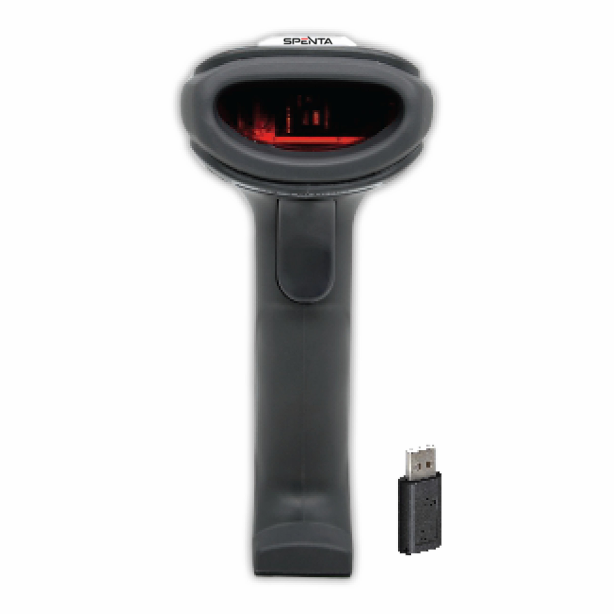 Kırmızı ışıklı siyah barkod okuyucu ve USB dongle.