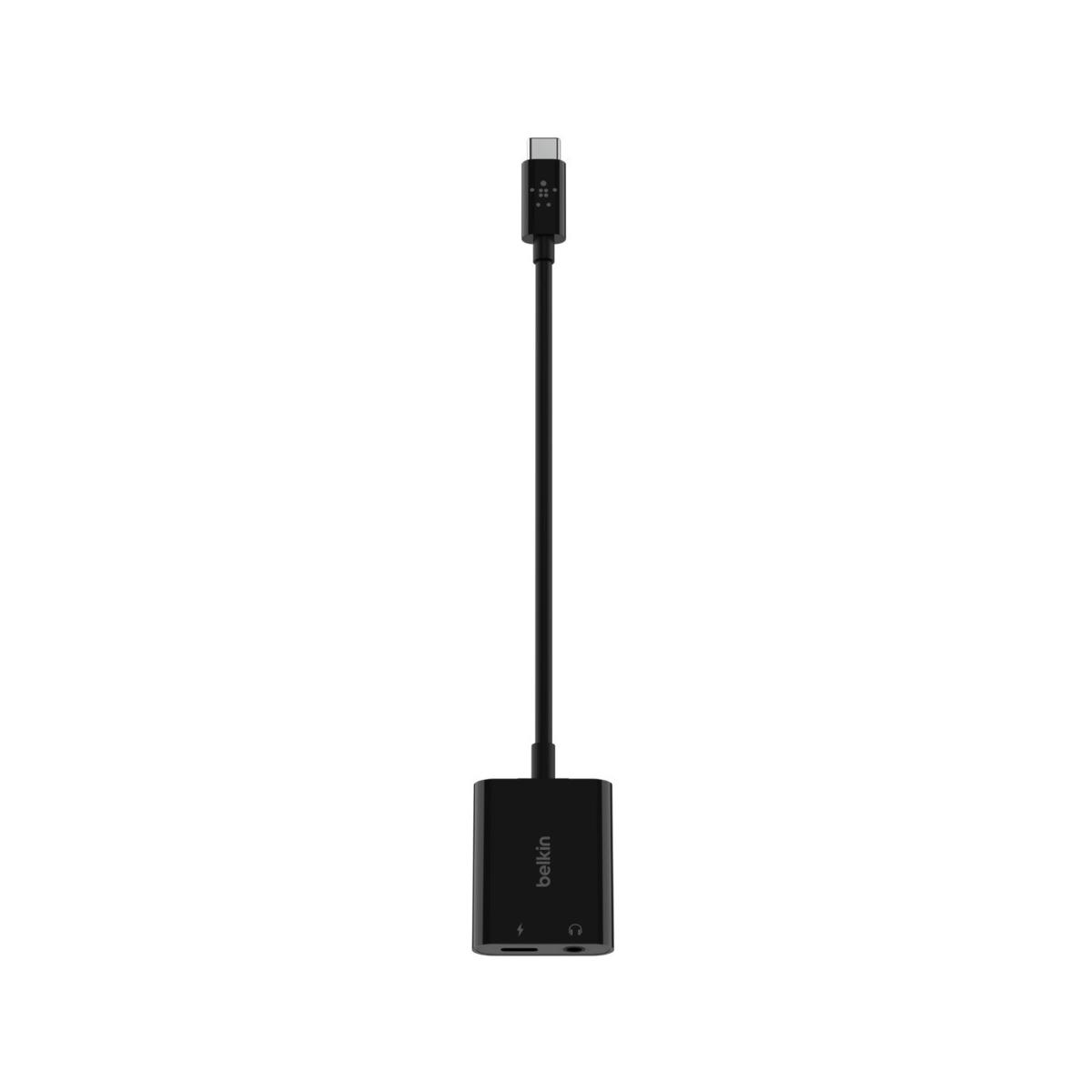 Adattatore USB-C nero con porta di ricarica e jack per cuffie.
