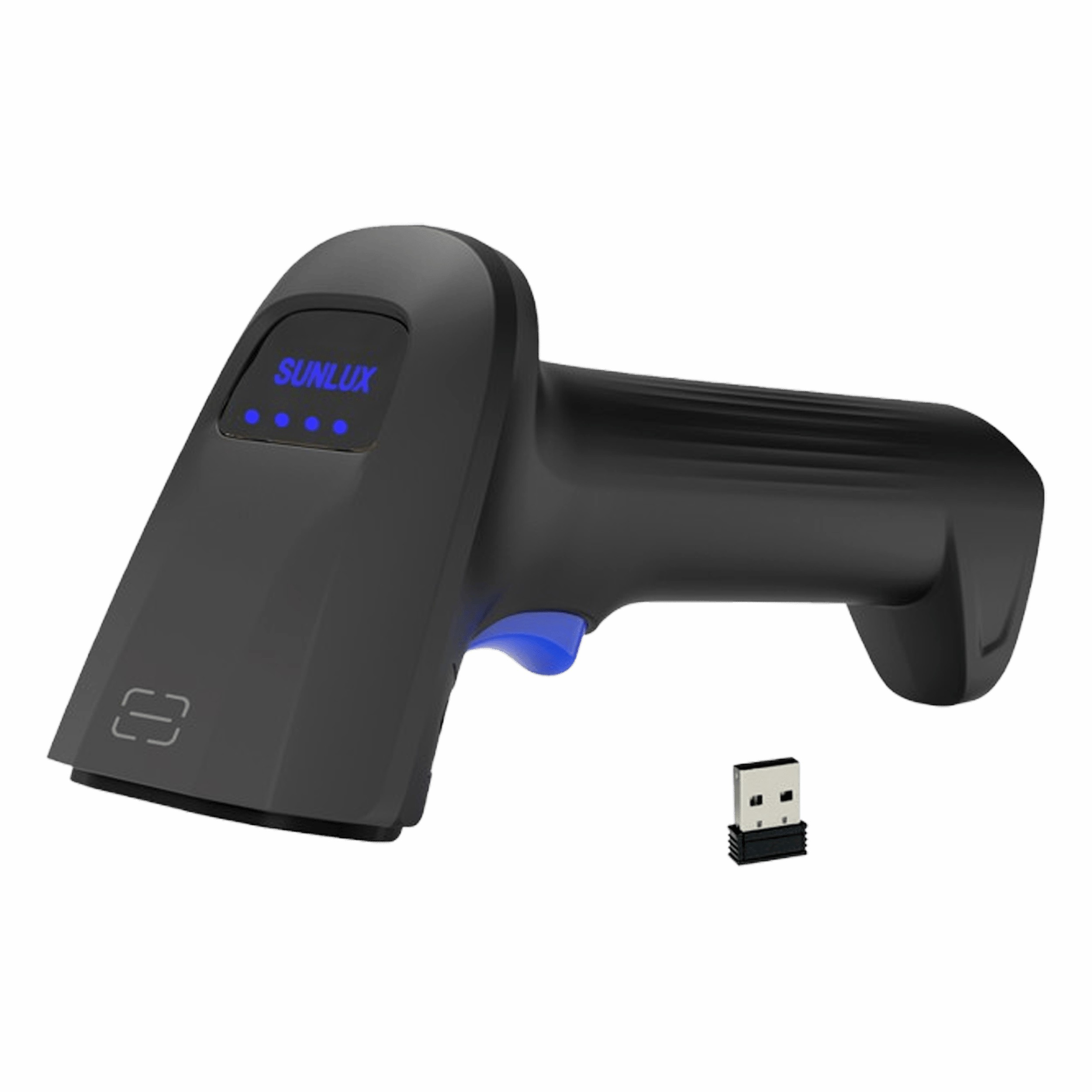 Mavi tetik ve USB dongle'lı siyah barkod tarayıcı.