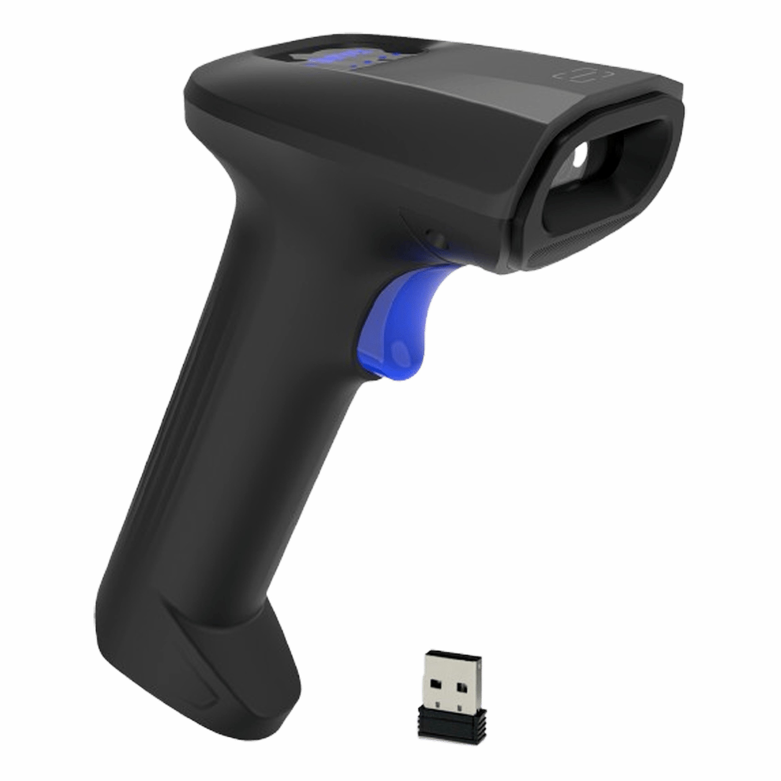 Mavi tetiği ve USB alıcısı olan siyah barkod tarayıcı.