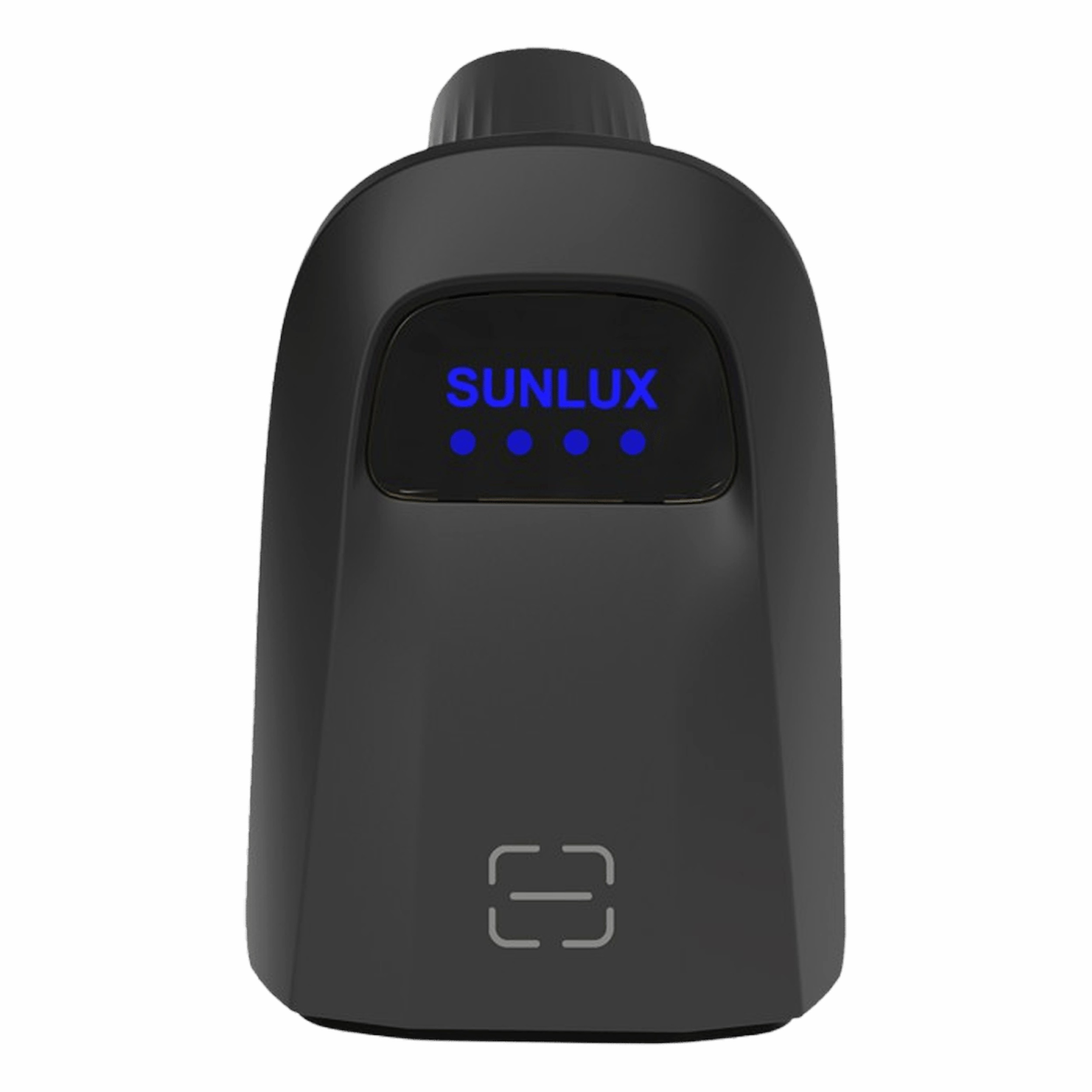 Mavi "SUNLUX" ekranlı ve şarj göstergeli siyah taşınabilir buharlaştırıcı.