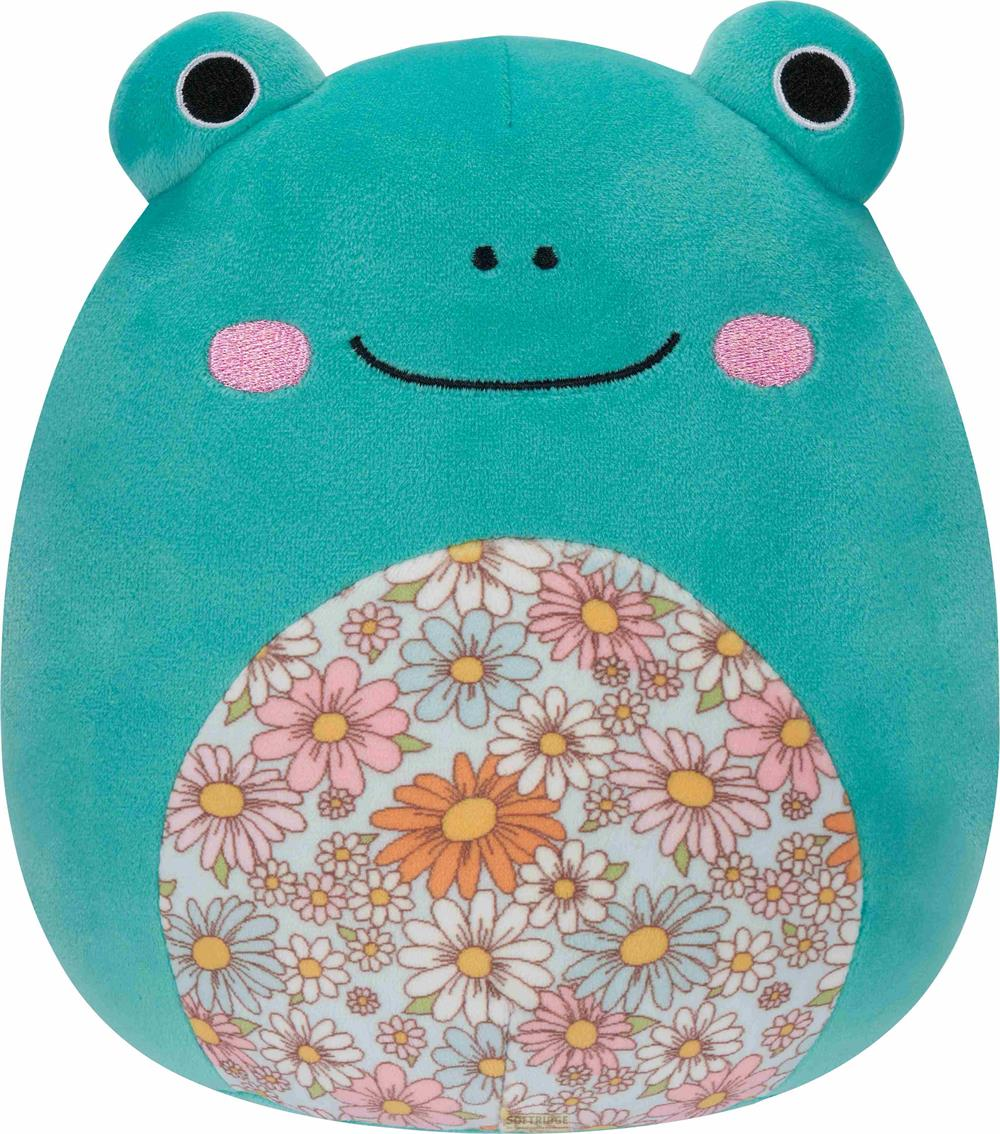 Un peluche di rana verde acqua con pancia floreale e guance rosa.