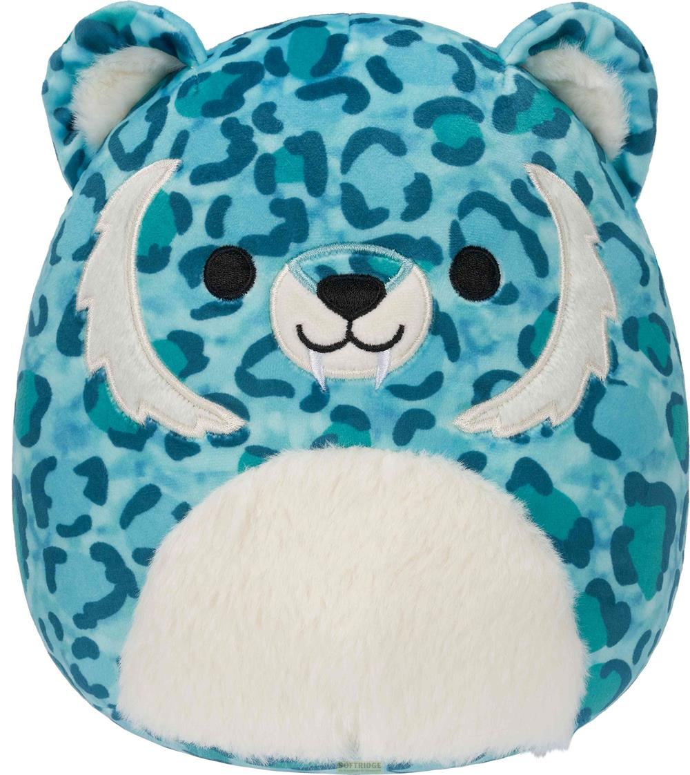 Un peluche di leopardo blu con occhi neri, zanne e pancia in pelliccia bianca.