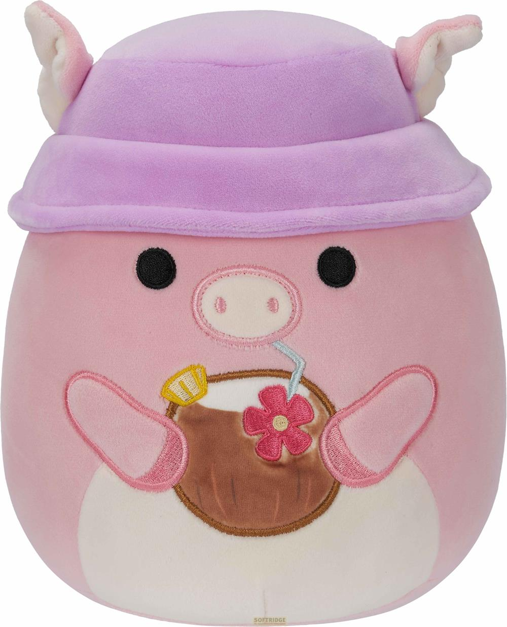 Un peluche di maiale rosa con cappello viola, che tiene una bevanda di cocco con un fiore.