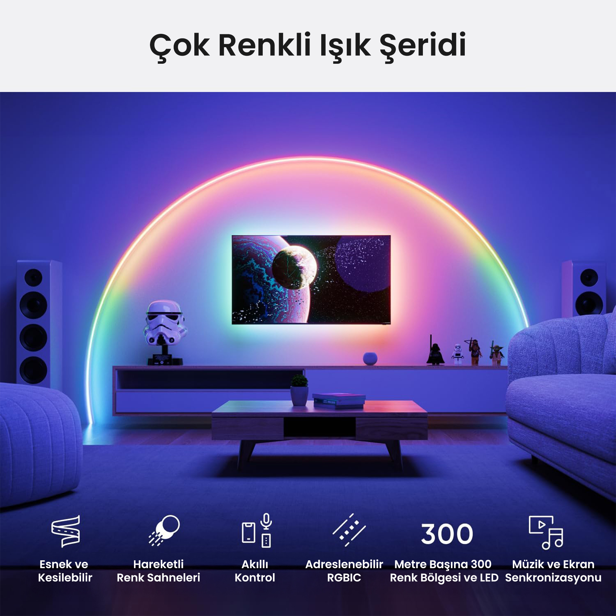 Renkli bir ışık şeridiyle çevrili televizyonun bulunduğu oturma odası.