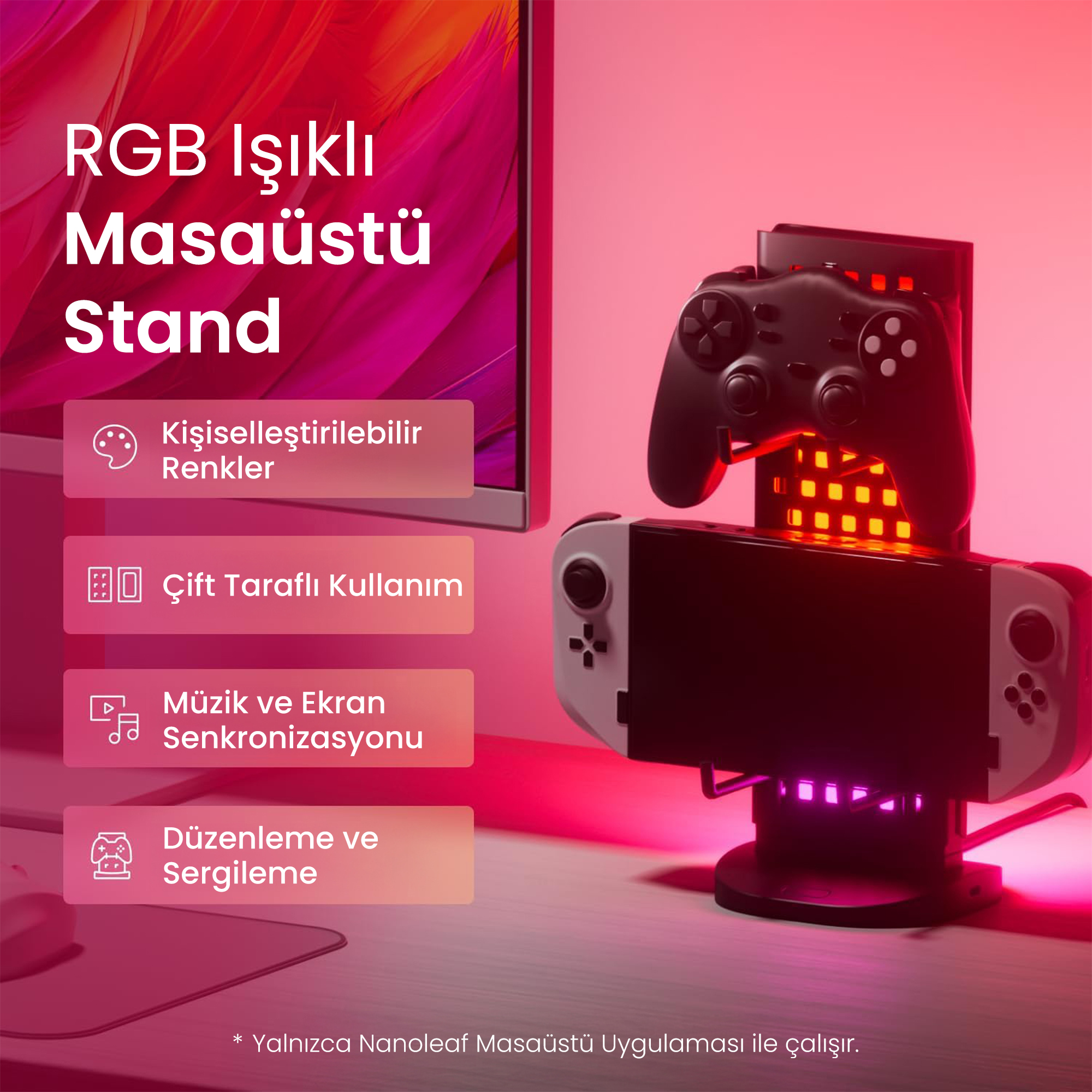 Siyah bir kontrolcü ve RGB aydınlatmalı bir stantta Nintendo Switch.