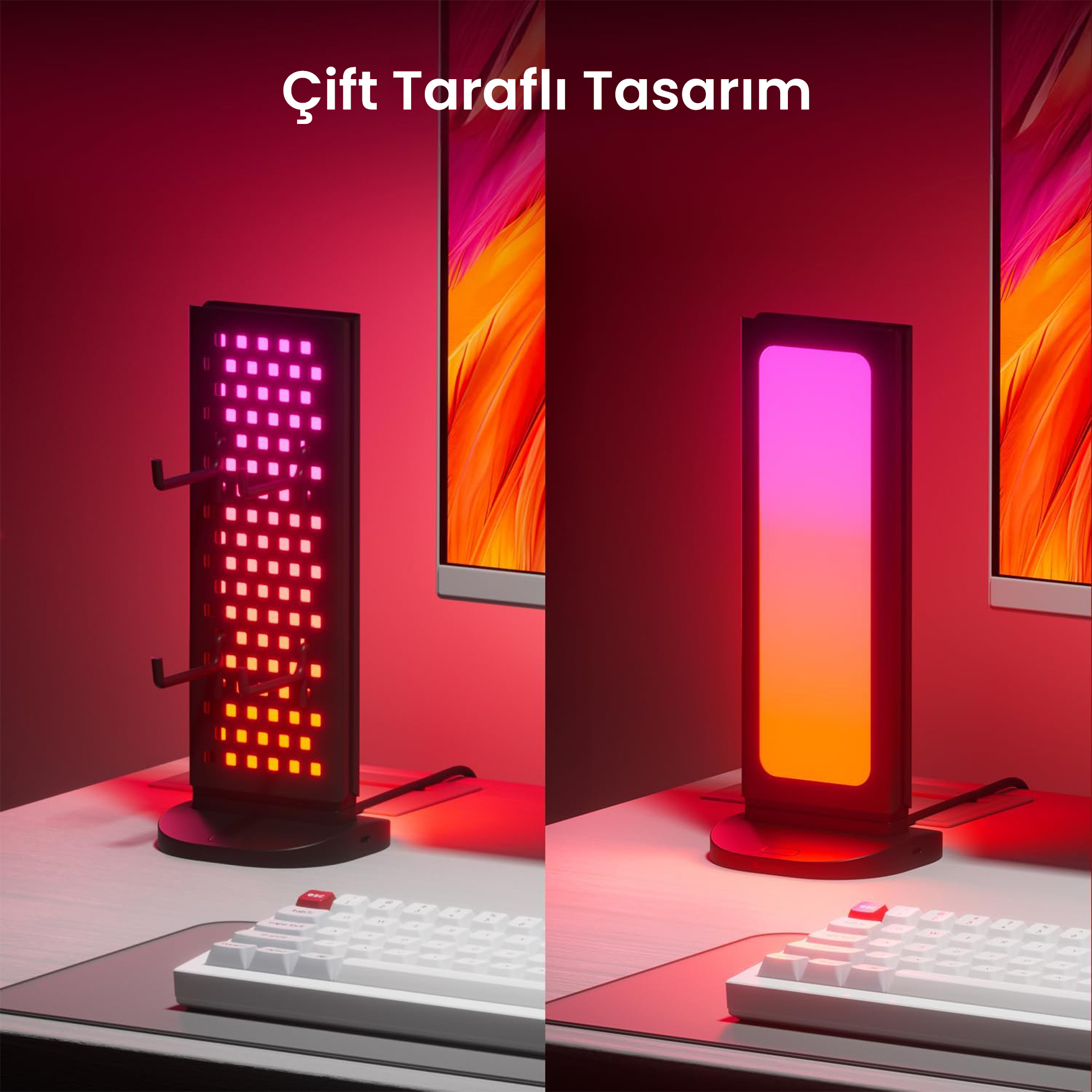 İki RGB lamba, biri ızgaralı, biri dikdörtgen, klavyeli masada.