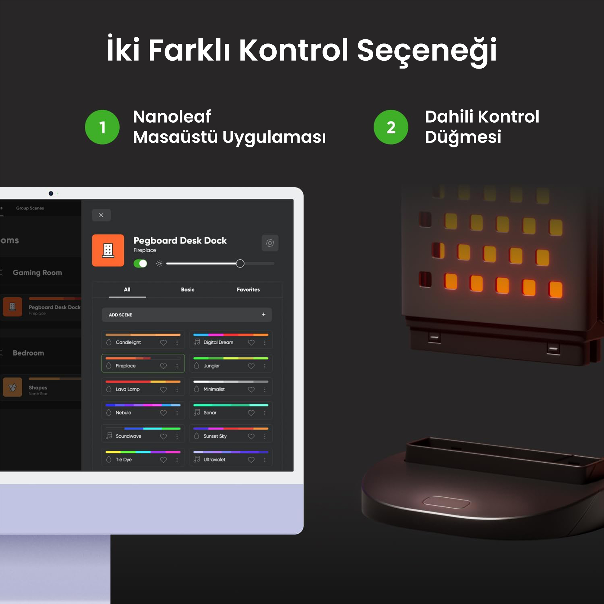 Bir ekran ışık efektli uygulama gösteriyor, sağda parlayan bir ızgara var.