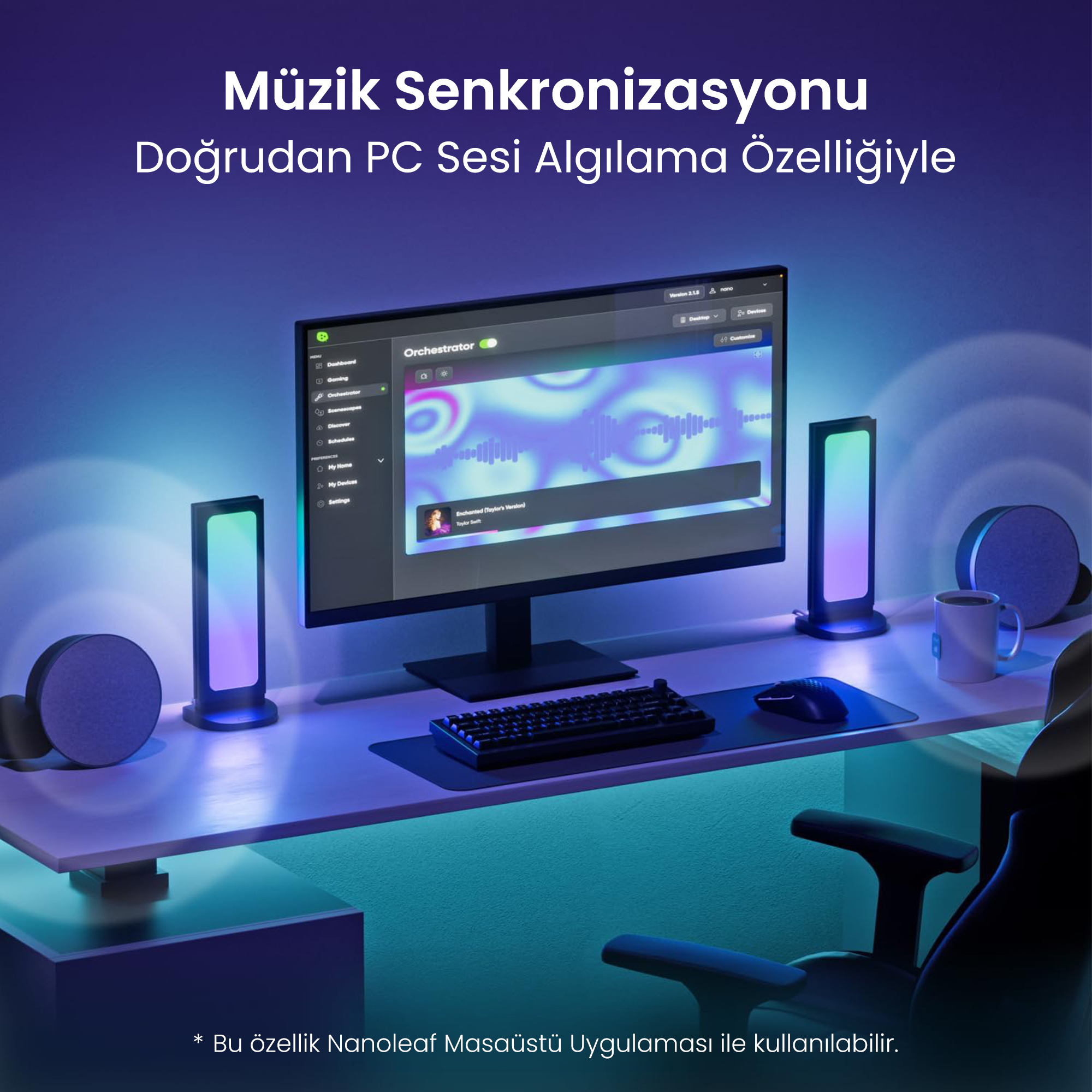 Müzik görselleştirmeleri ve renkli aydınlatma gösteren bir monitöre sahip masa kurulumu.