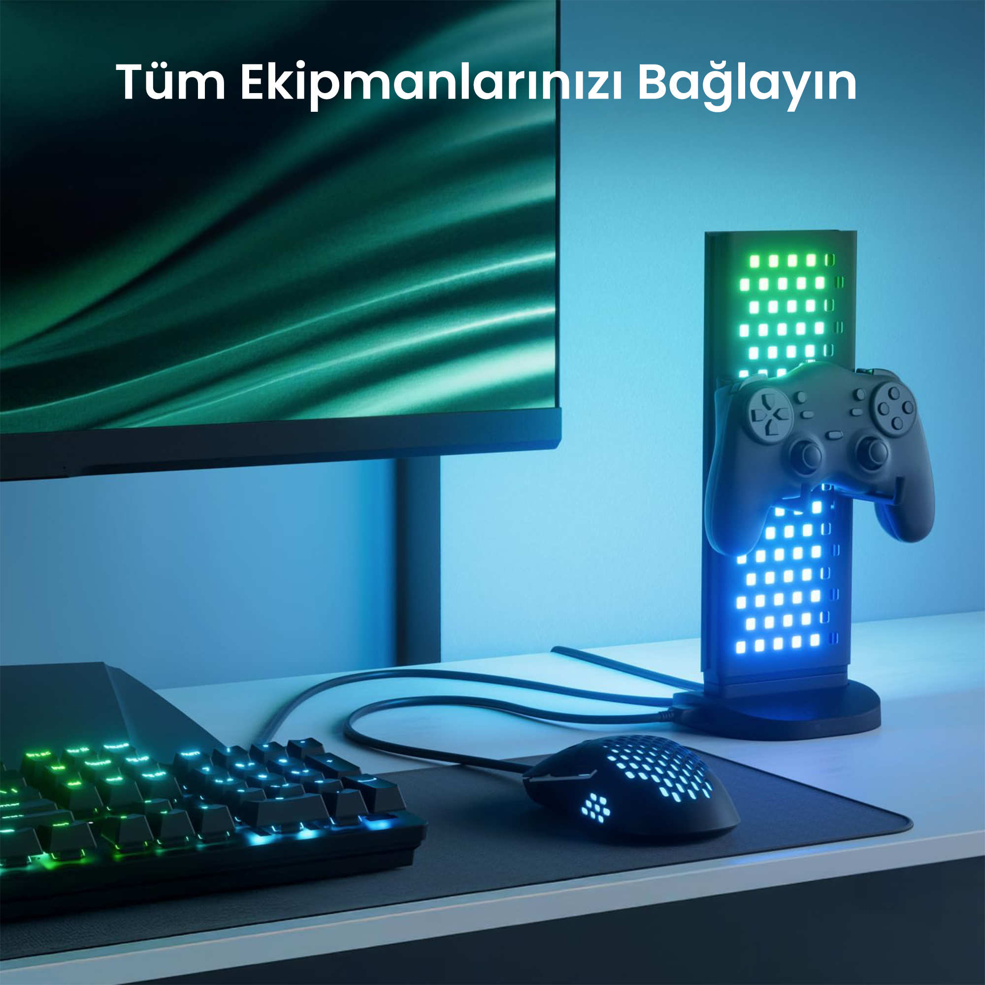 Siyah bir kontrolcü, yeşil ve mavi ışıklı bir stant üzerinde duruyor.