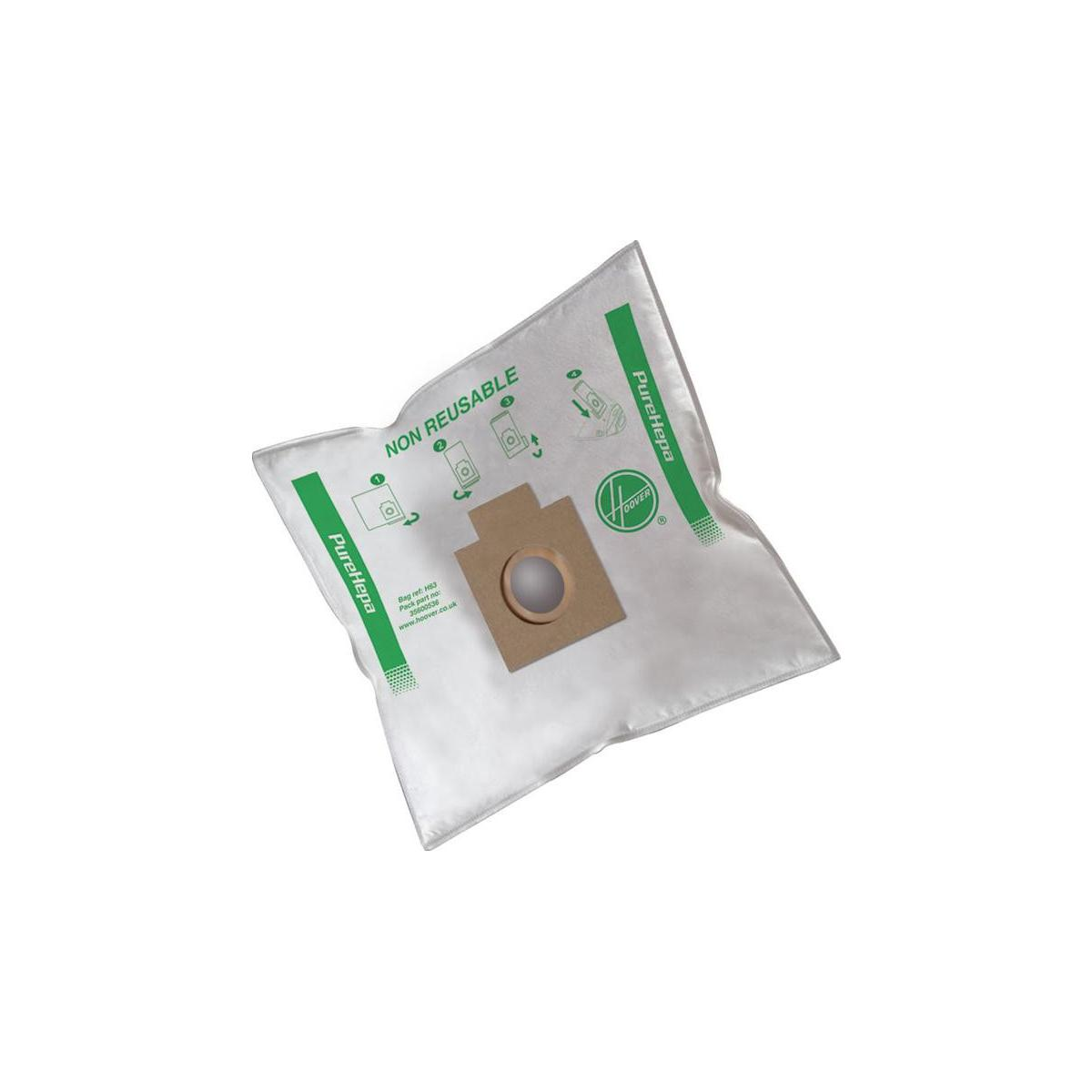 Bolsa de aspiradora Hoover PureHepa blanca no reutilizable con detalles verdes.