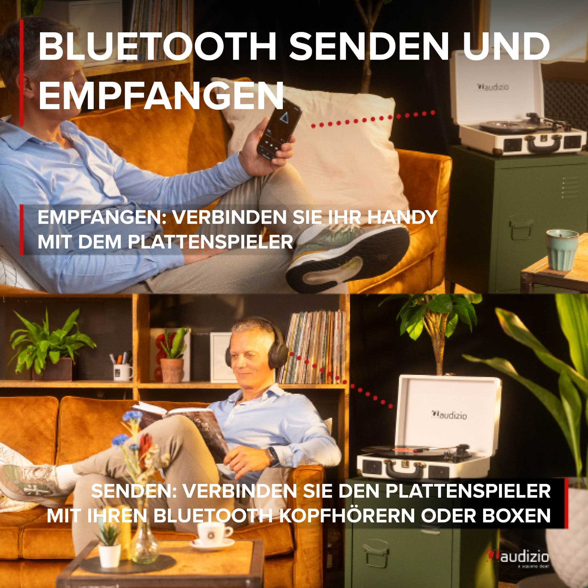Mann verbindet Handy mit Plattenspieler und hört Musik mit Kopfhörern.