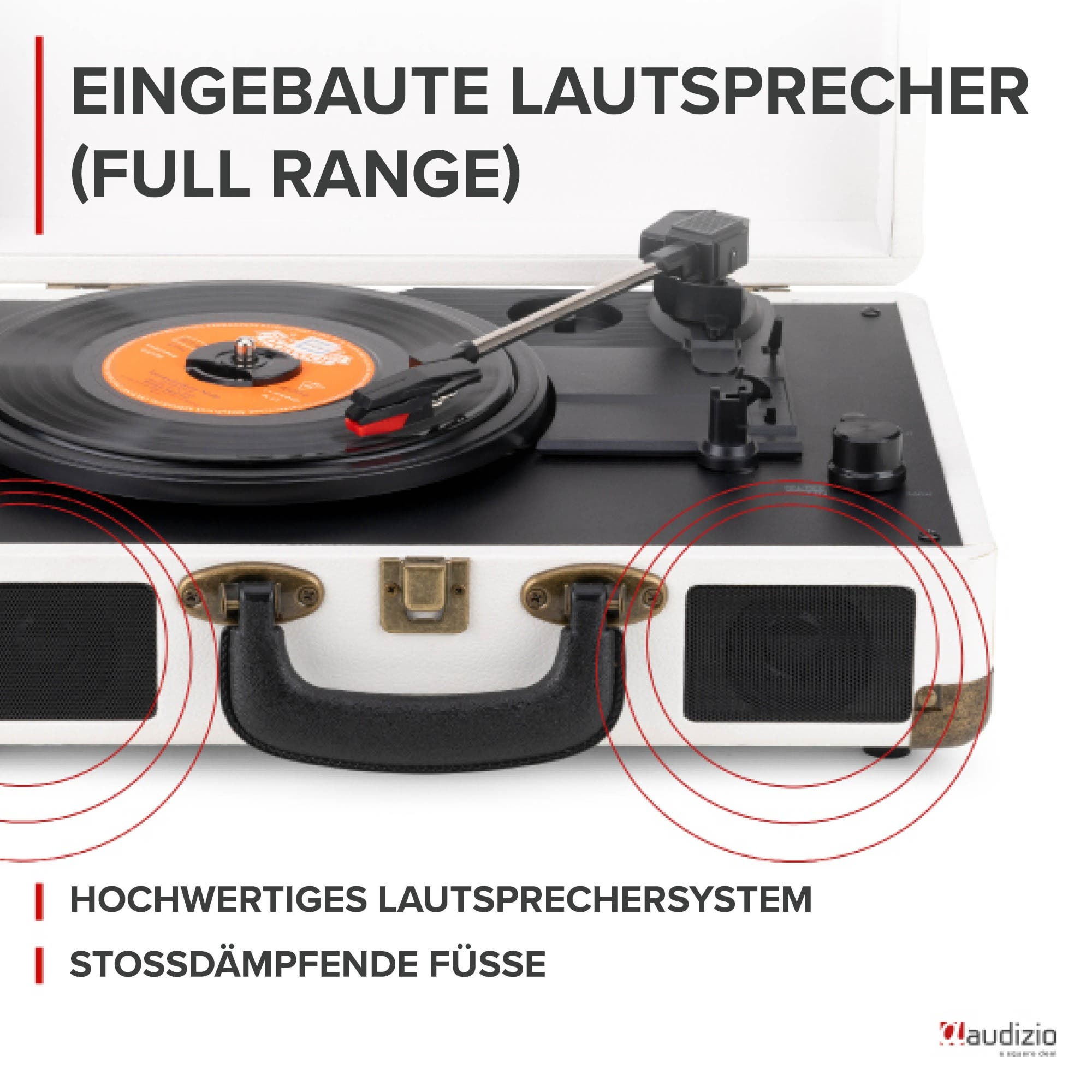 Plattenspieler mit zwei Lautsprechern, Musikwiedergabe und Text.